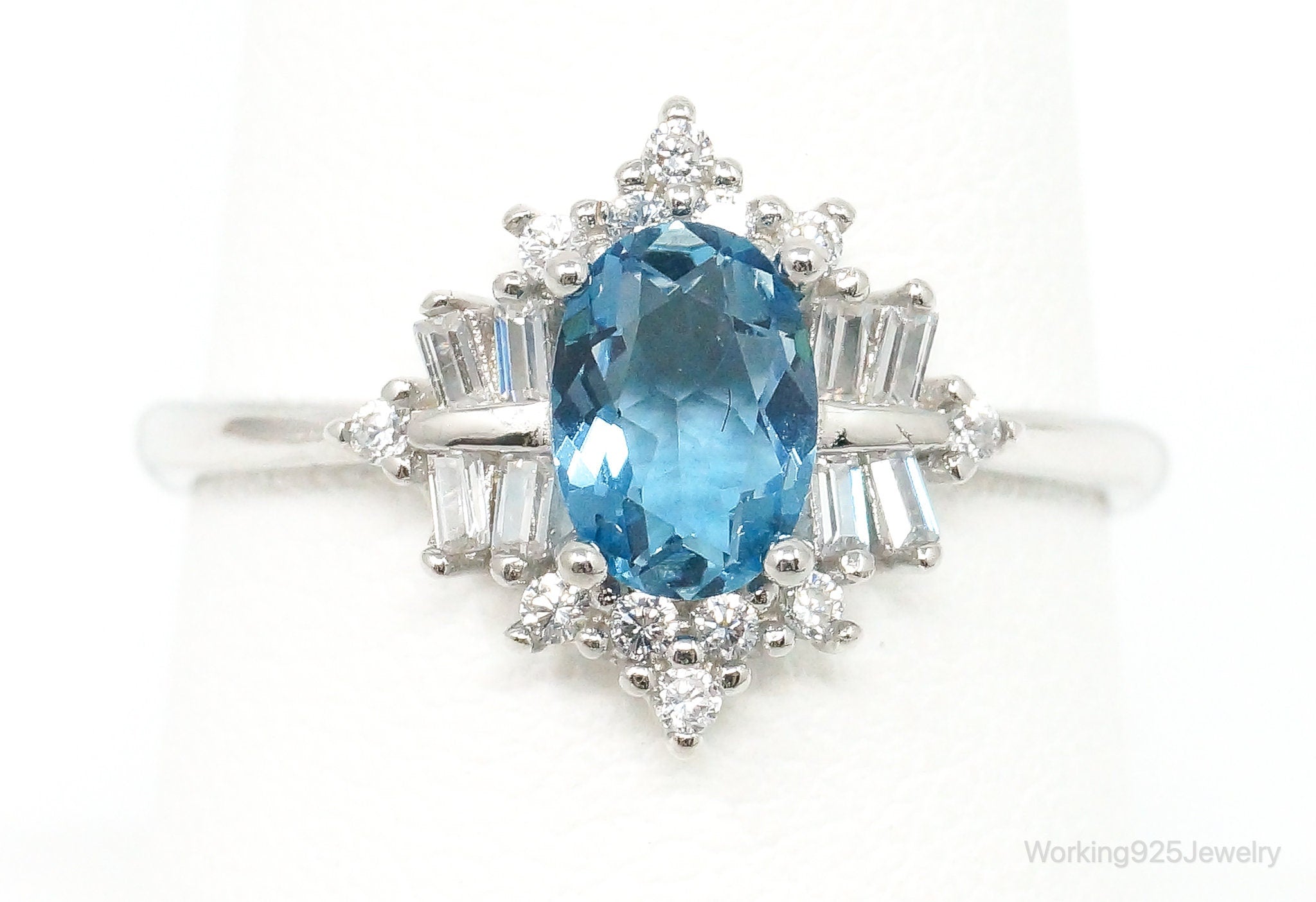 Vintage Art Deco Blue Topaz Cubic Zirconia Sterling Silver Ring - Size 8.25 Adj.