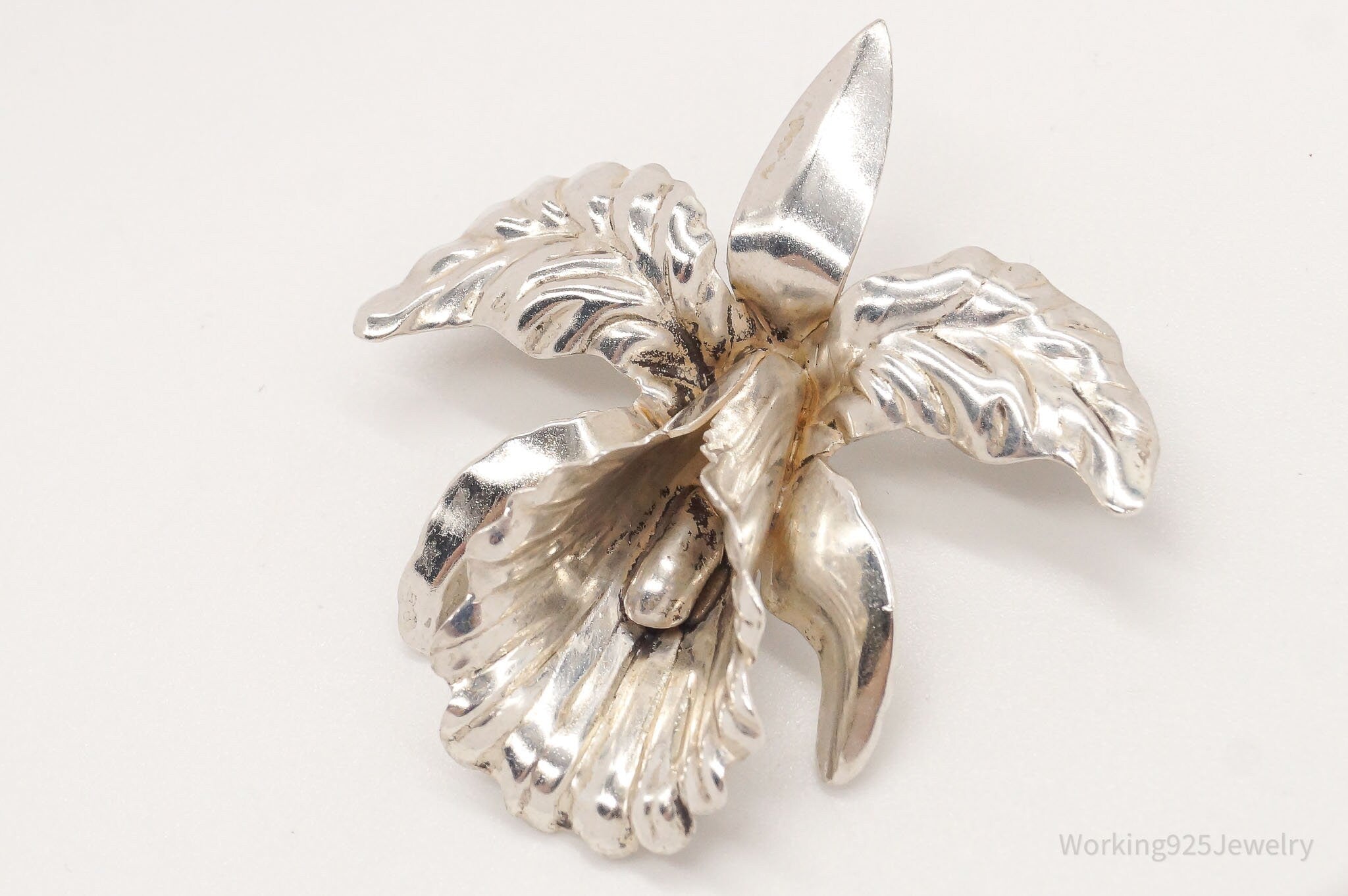 Vintage Designer Beau Orchid Flower Sterling Silver Brooch Pin