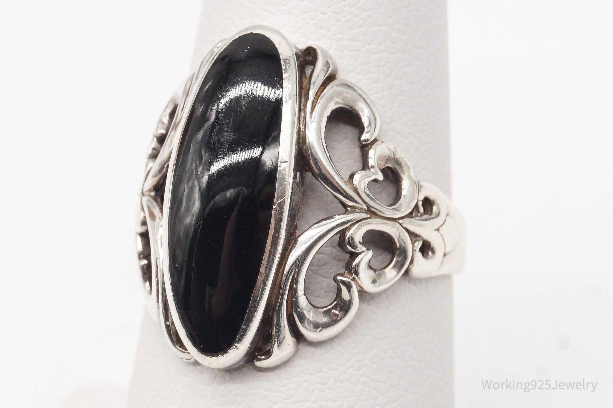 Vintage Designer Kabana Black Onyx Sterling Silver Ring - Size 7.25