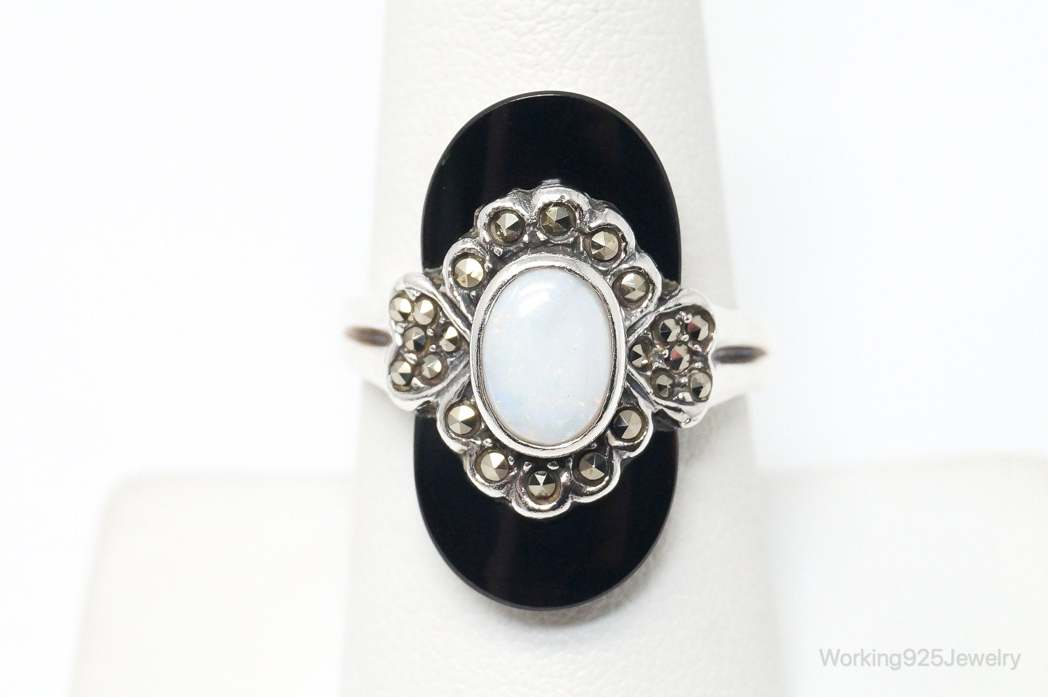 Designer Chapal-Zenray Opal Black Onyx Marcasite Sterling Silver Ring SZ 8