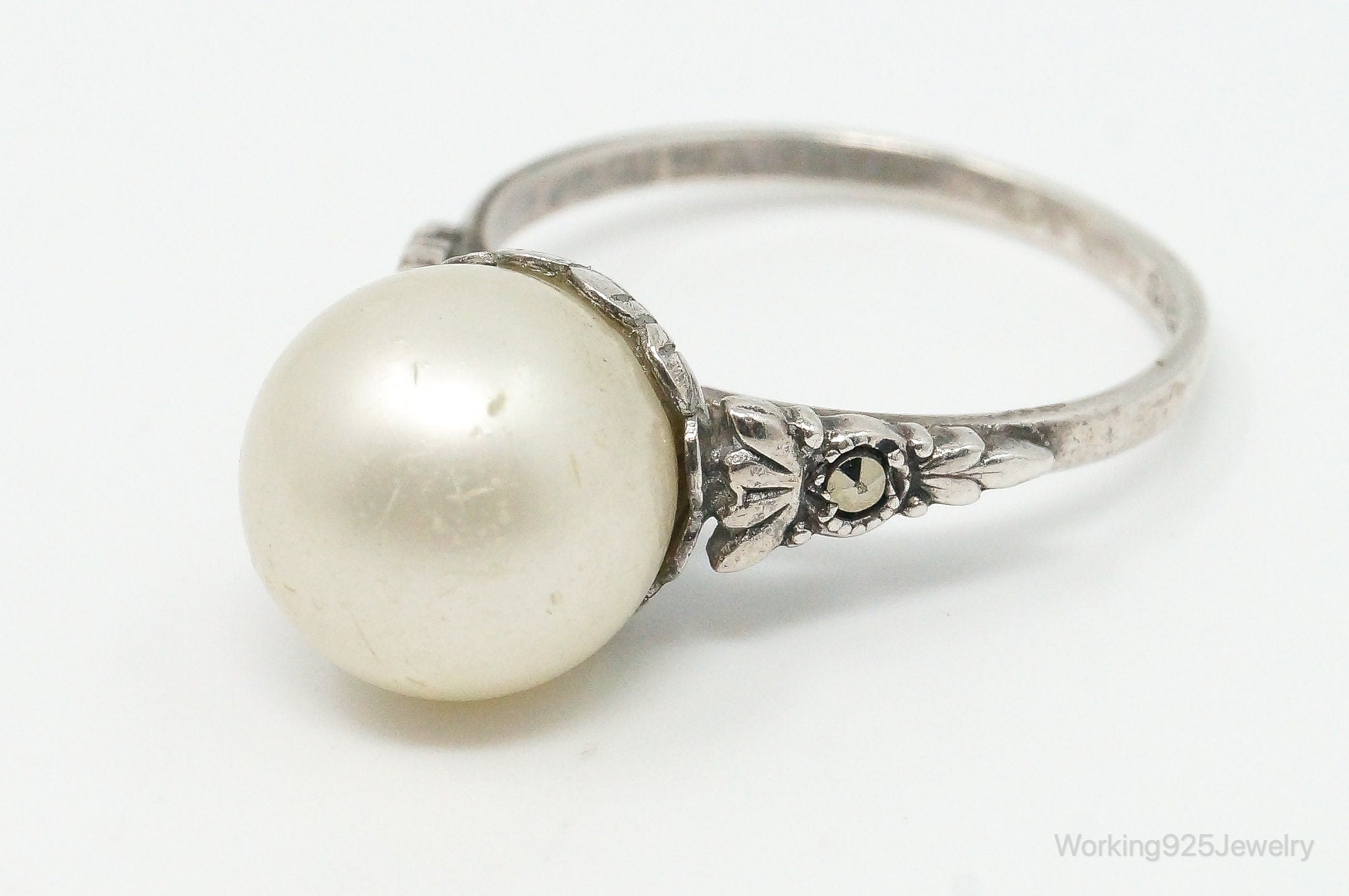 Antique Victorian Faux Pearl Marcasite CZ Sterling Silver Ring - Size 6.5