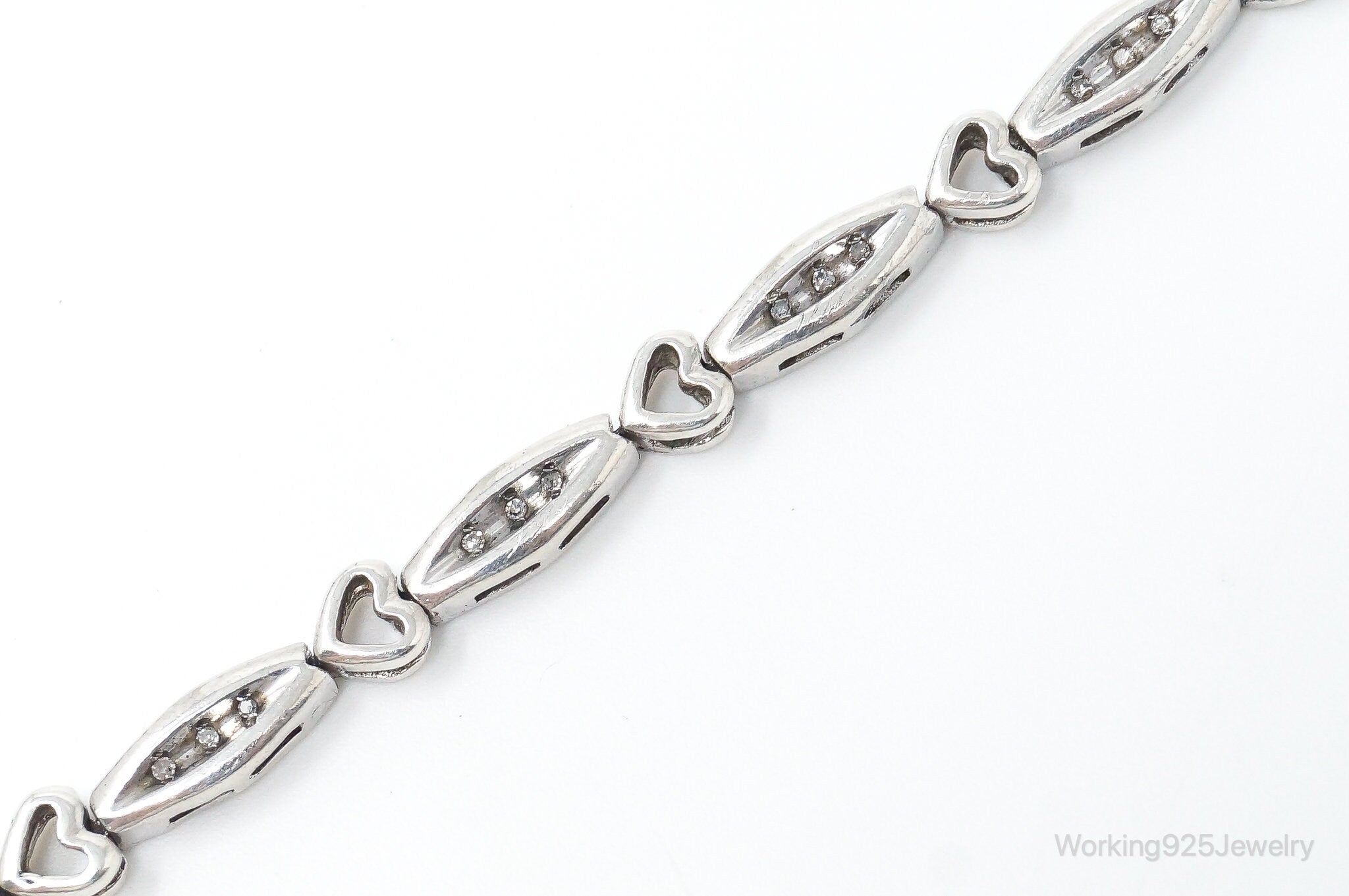 Vintage Diamonds Linked Hearts Sterling Silver Bracelet