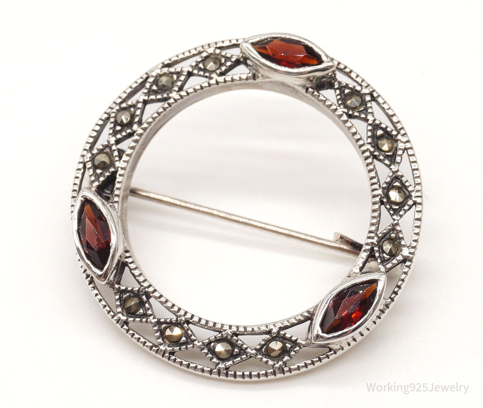 Vintage Garnet Marcasite Art Deco Style Sterling Silver Brooch Pin