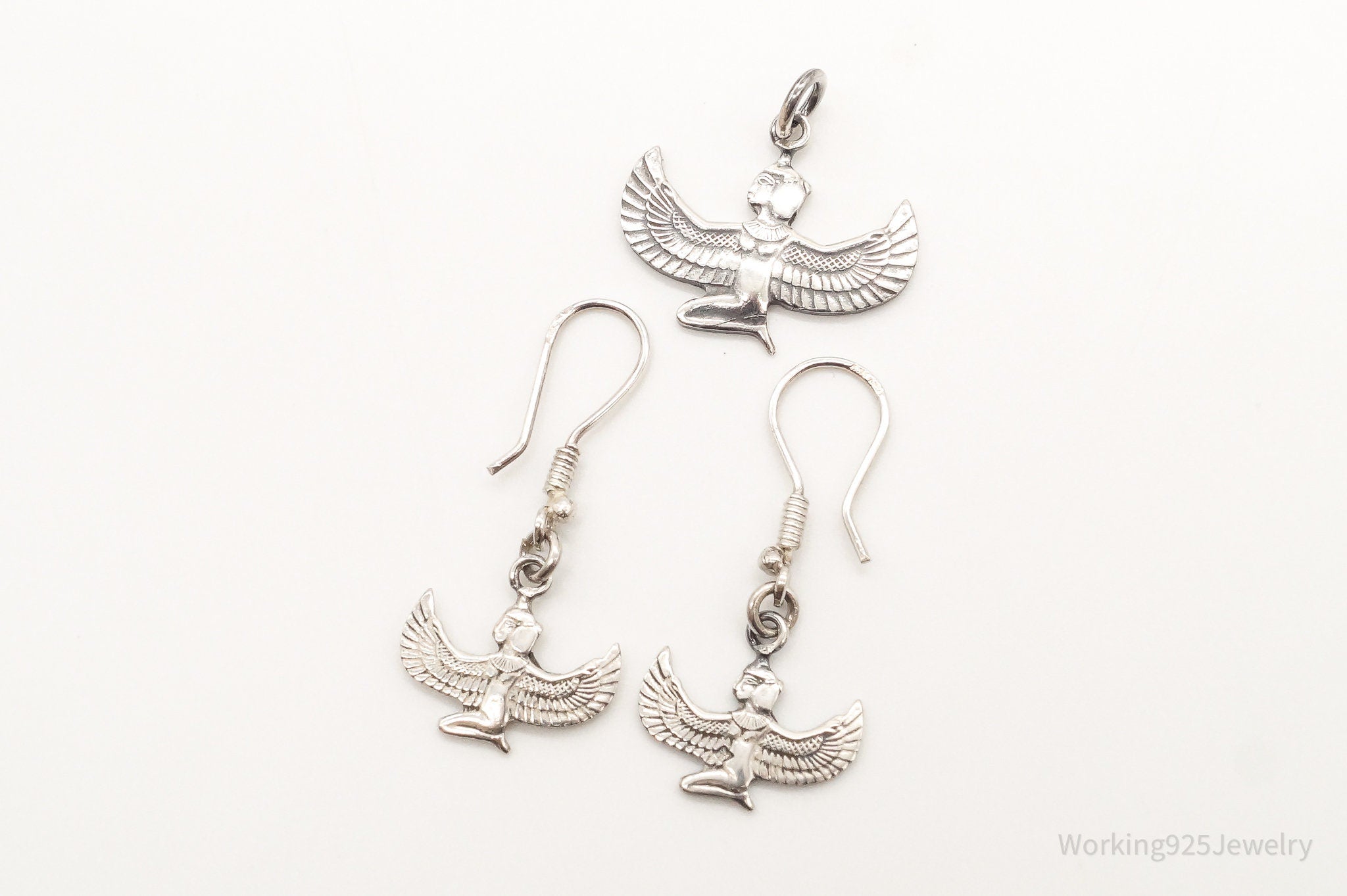 Vintage Egyptian Winged Goddess Isis Sterling Silver Pendant Earrings Set