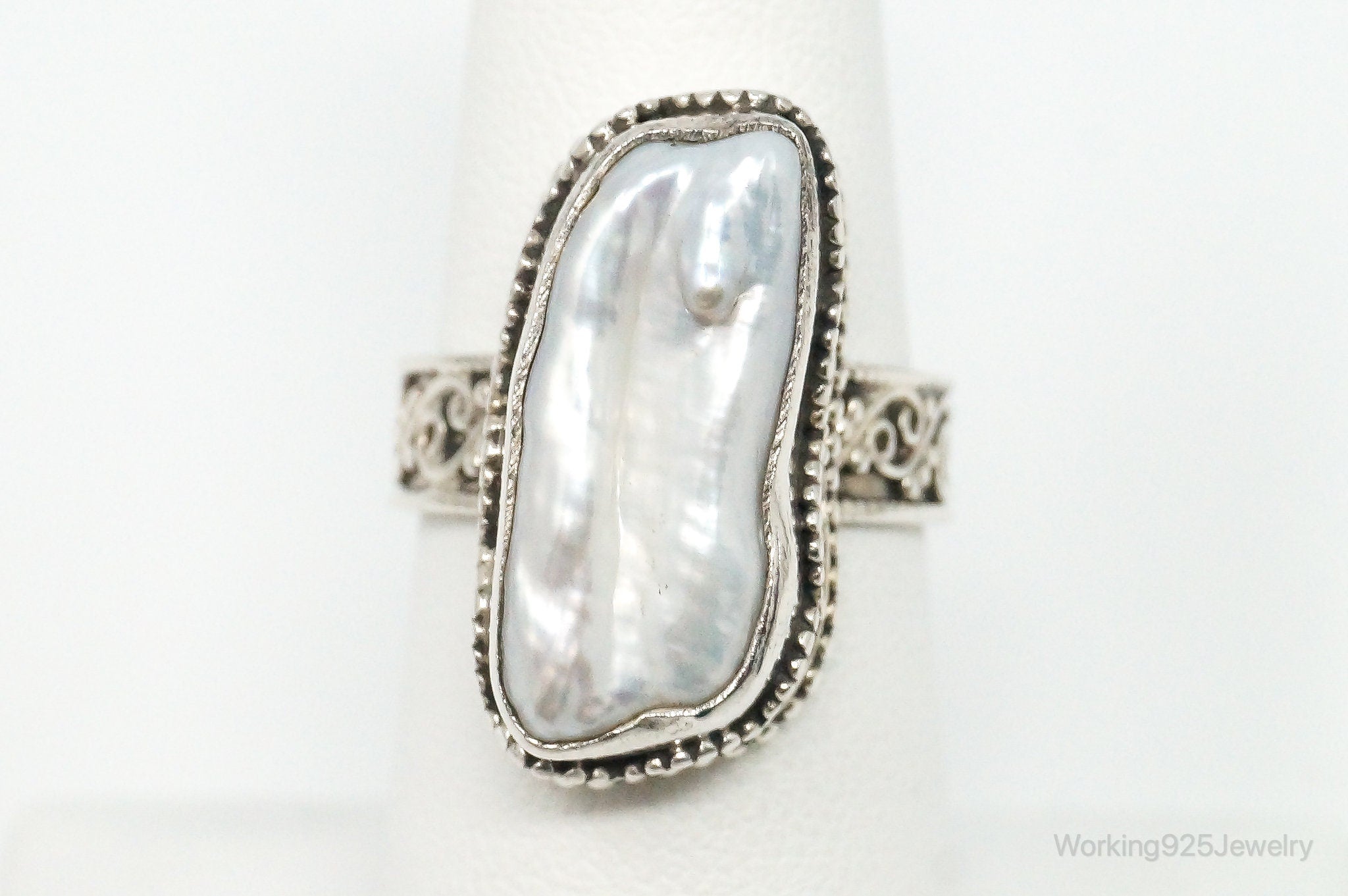 Vintage Bali Style Pearl Sterling Silver Ring - Size 7.25