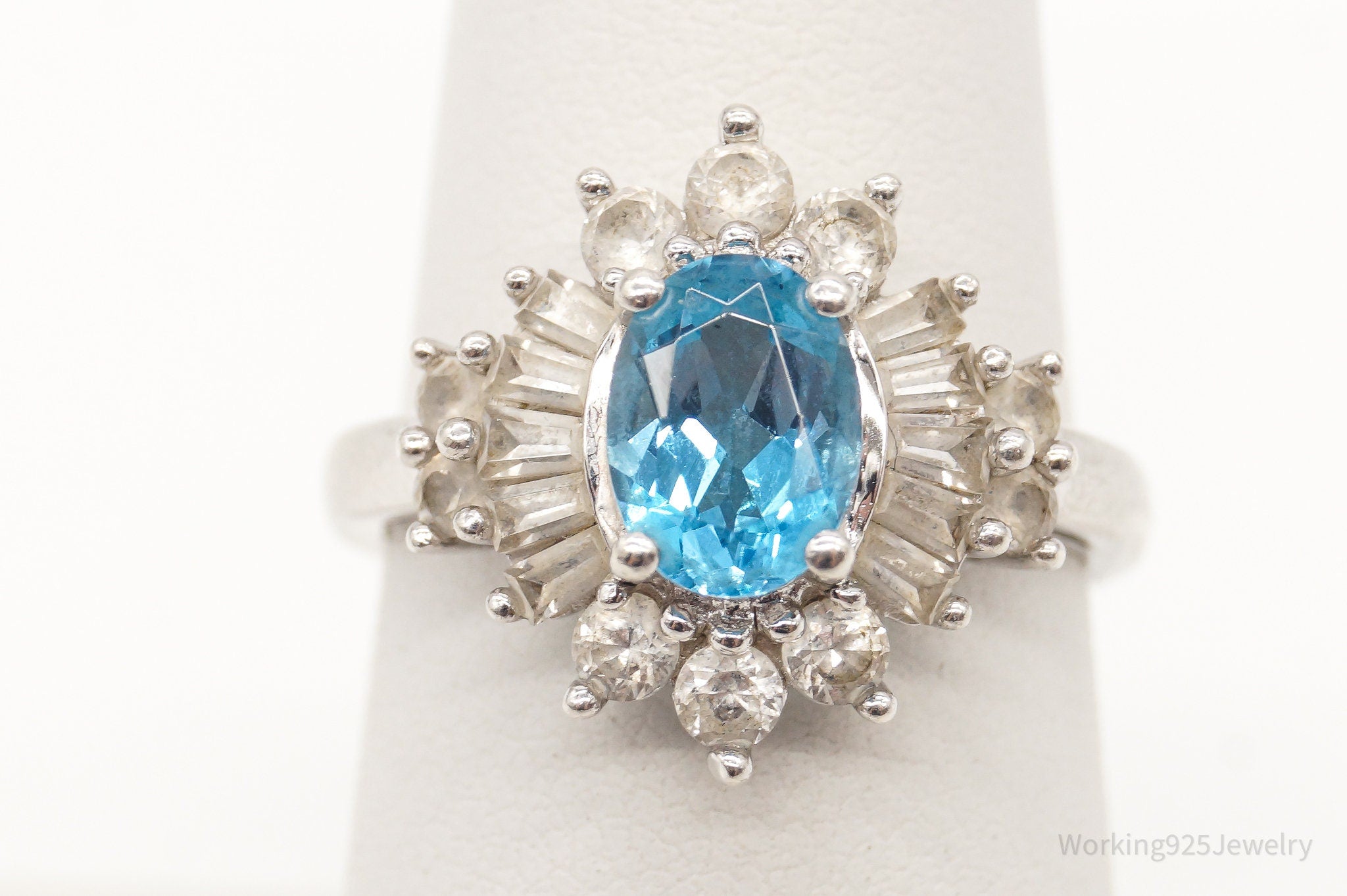 Vintage Blue Topaz Cubic Zirconia Sterling Silver Ring - Size 6.75