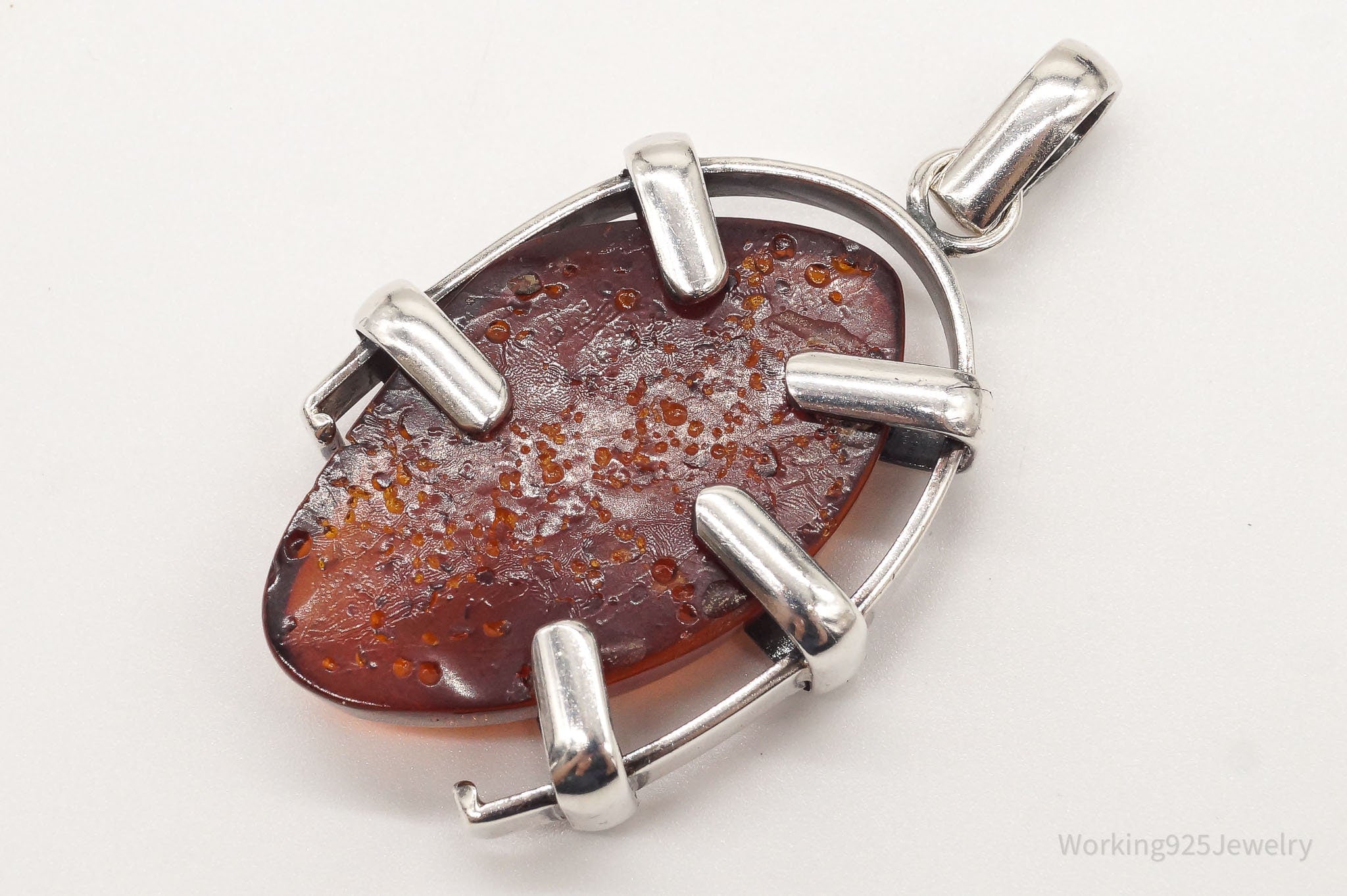 Large Vintage Amber Modernist Silver Necklace Pendant