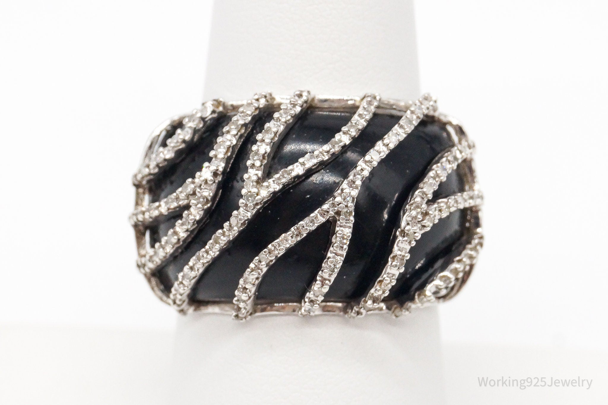 Vintage Designer JWBR Diamond Black Stone Sterling Silver Ring - Size 7