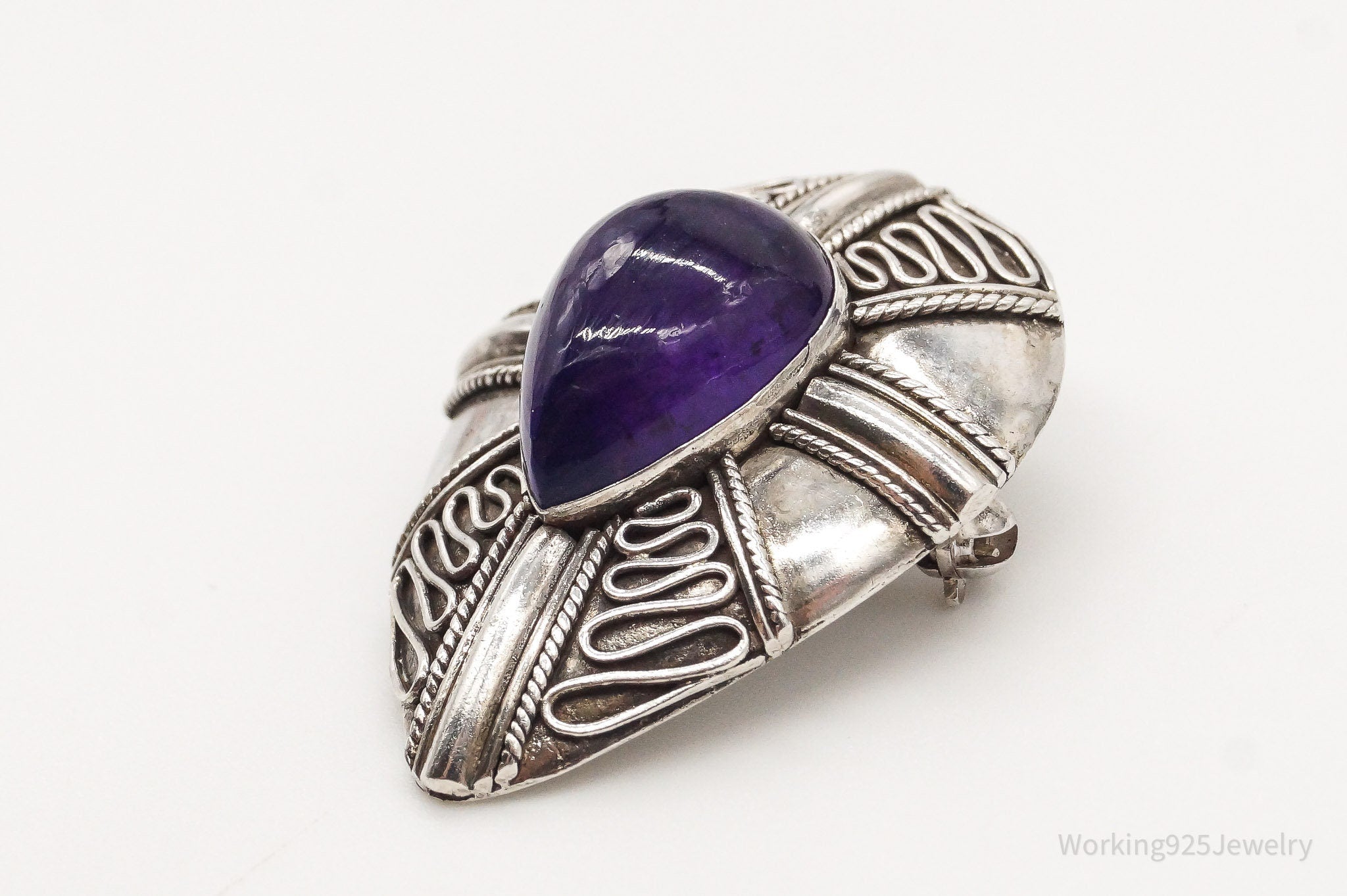 Vintage Amethyst Bali Sterling Silver Brooch Pin Pendant