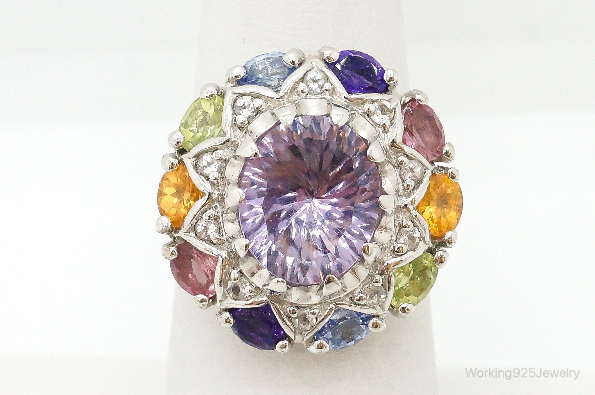 Designer Multi Gemstone Sterling Silver Ring - Size 6