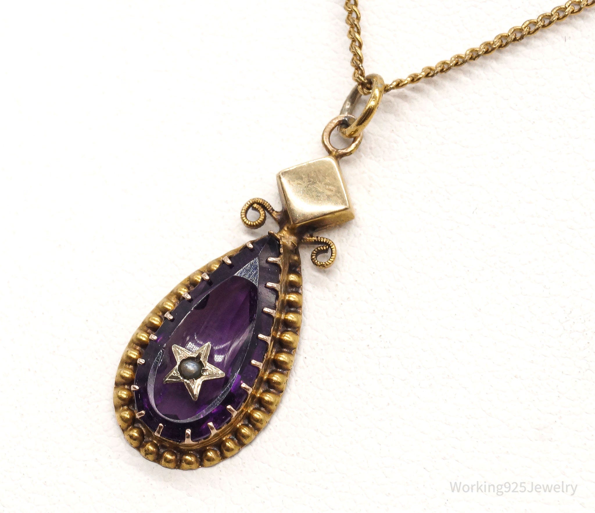 Vintage Amethyst Glass Seed Pearl Antique Style Gold Vermeil Necklace