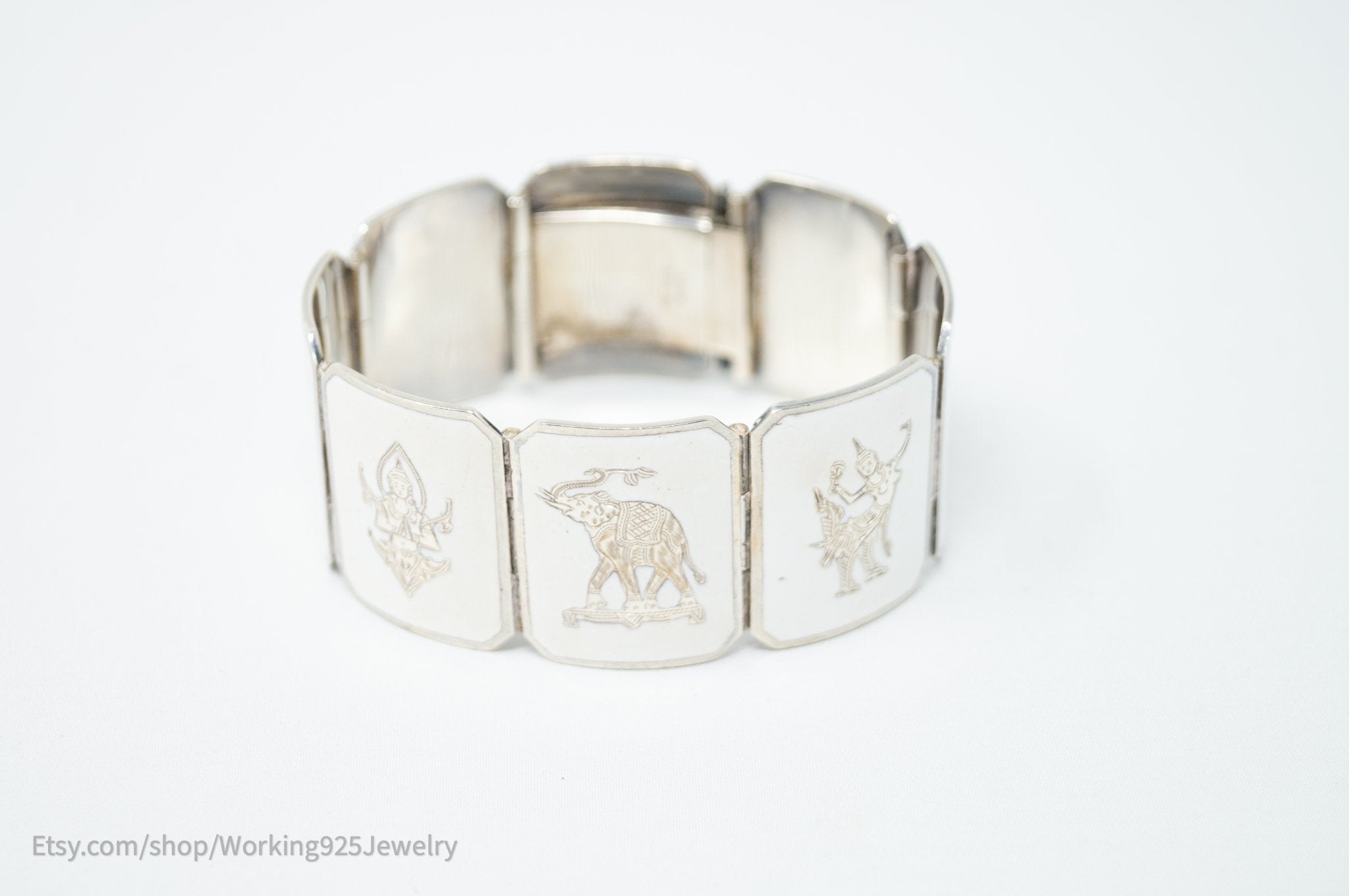 Rare Vintage Siam Niello Sterling Silver Dancer Panel White Enamel Bracelet