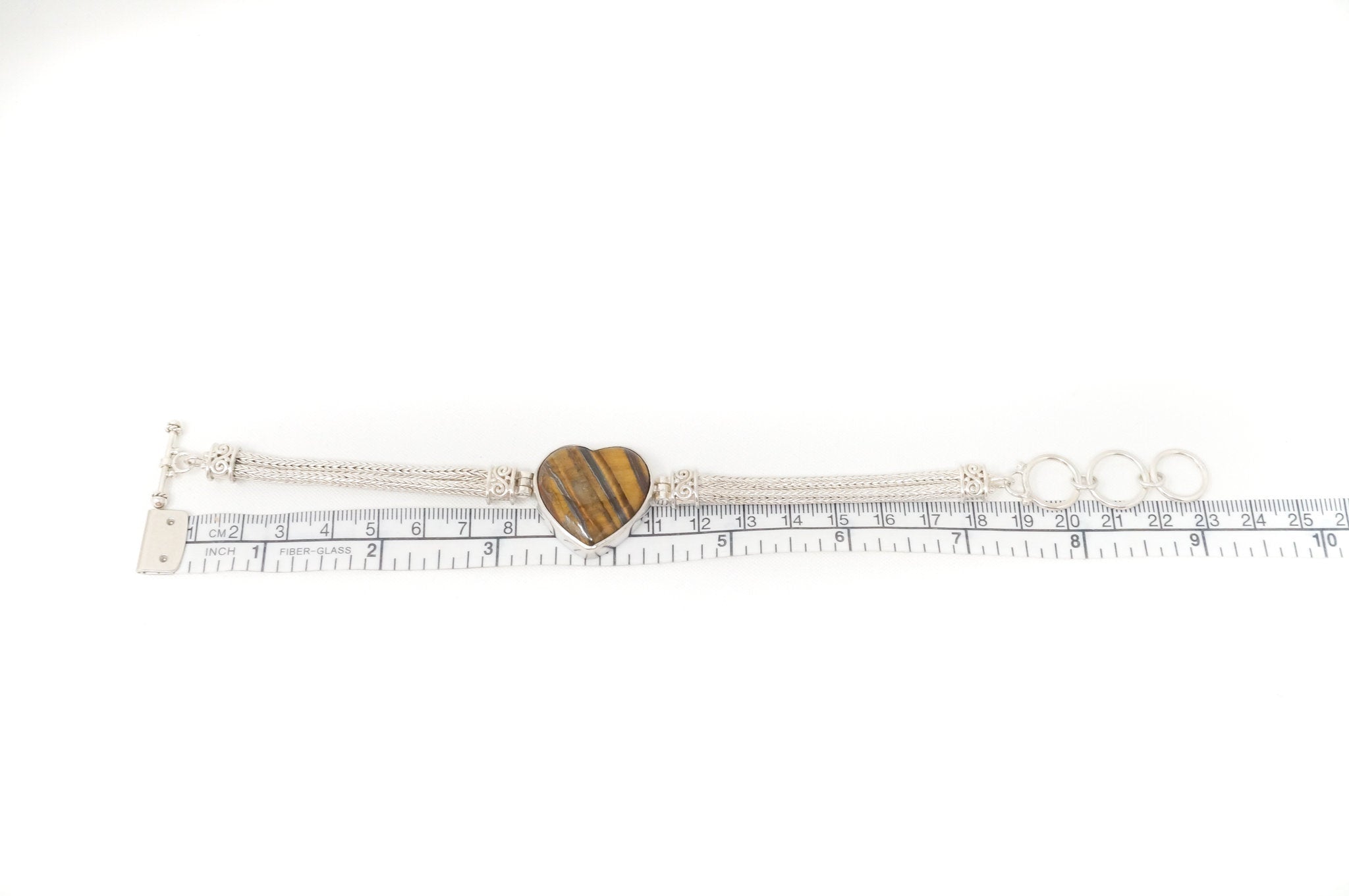 Vintage Designer Sajen Tigers Eye Heart Snake Chain Sterling Silver Bracelet