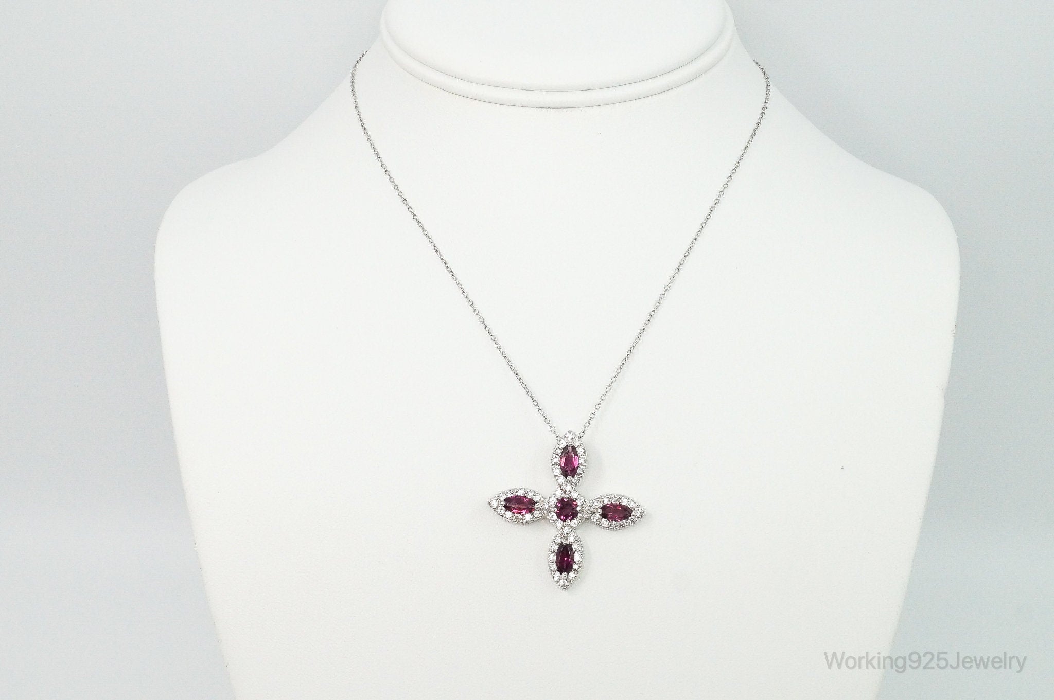 Large Rhodolite Garnet Cubic Zirconia Sterling Silver Necklace