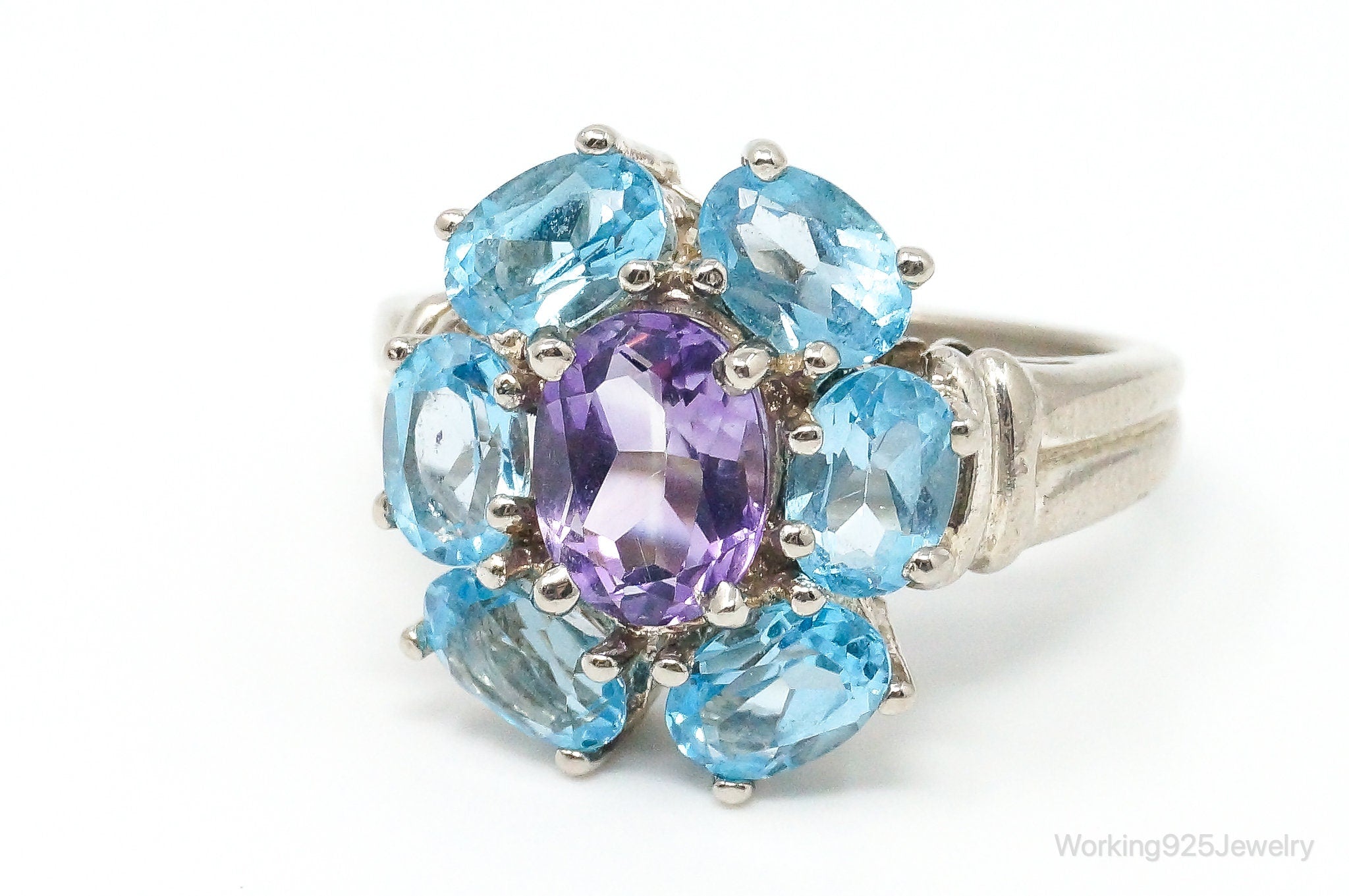 Vintage Blue Topaz Purple Amethyst Sterling Silver Cluster Ring Size 7.25