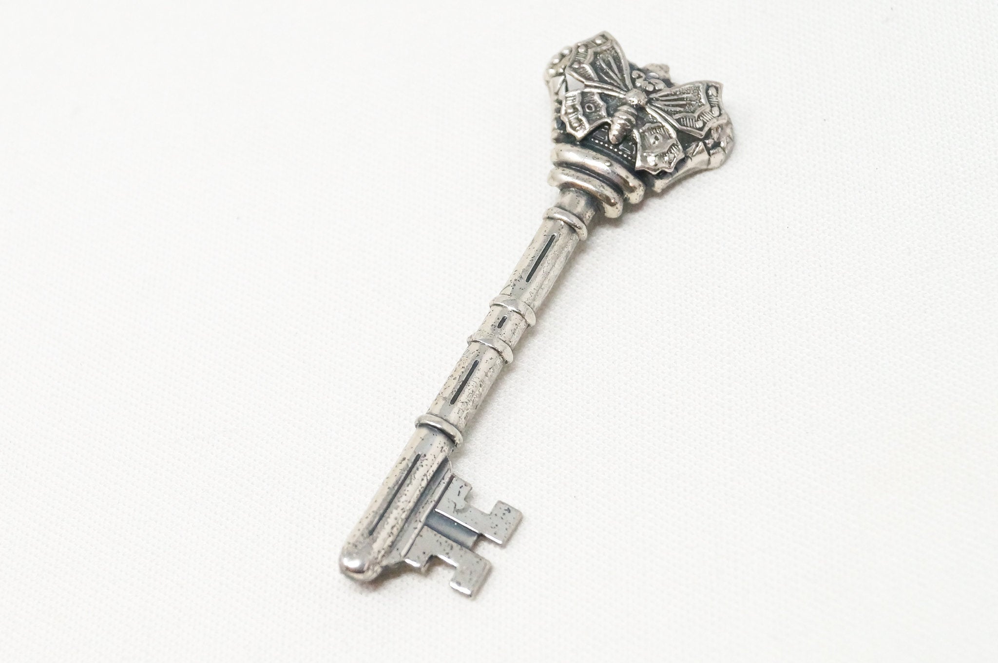 Antique Butterfly Skeleton Key Sterling Silver Brooch Pin