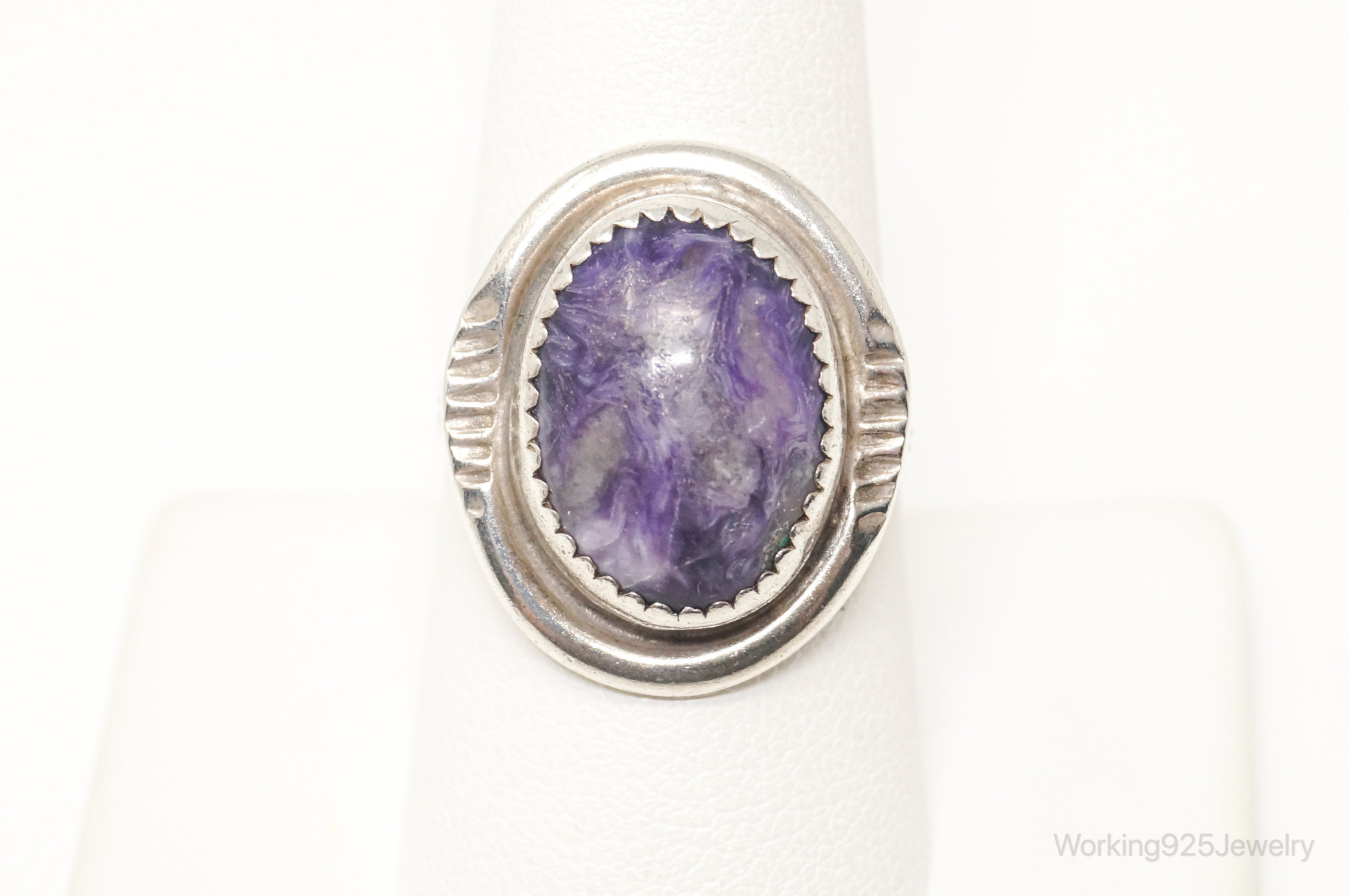 Rare Vintage Native American Signed CT Charoite Sterling Silver Ring - Sz 9.25