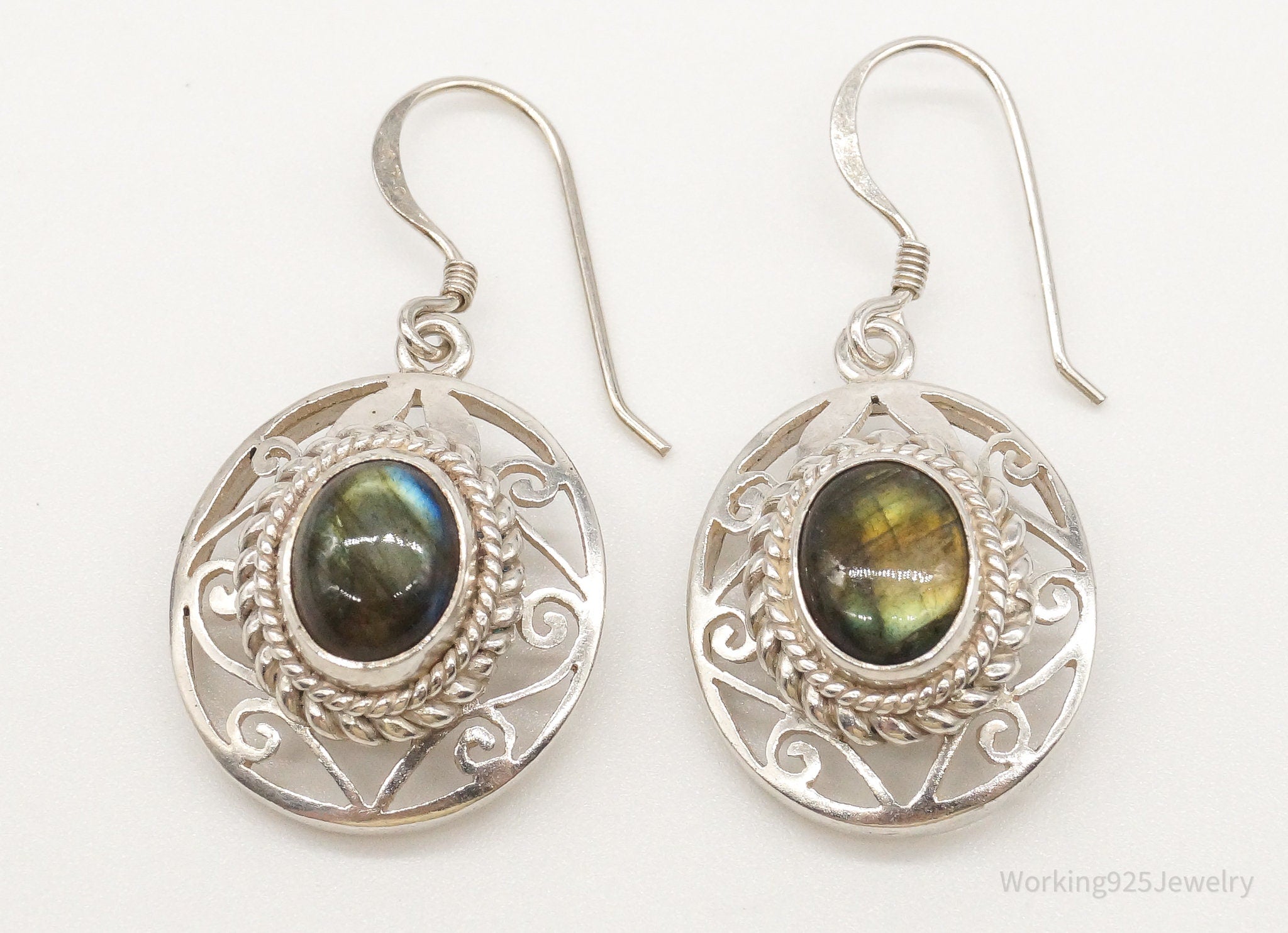 Vintage Labradorite Bali Inspired Filigree Openwork Sterling Silver Earrings