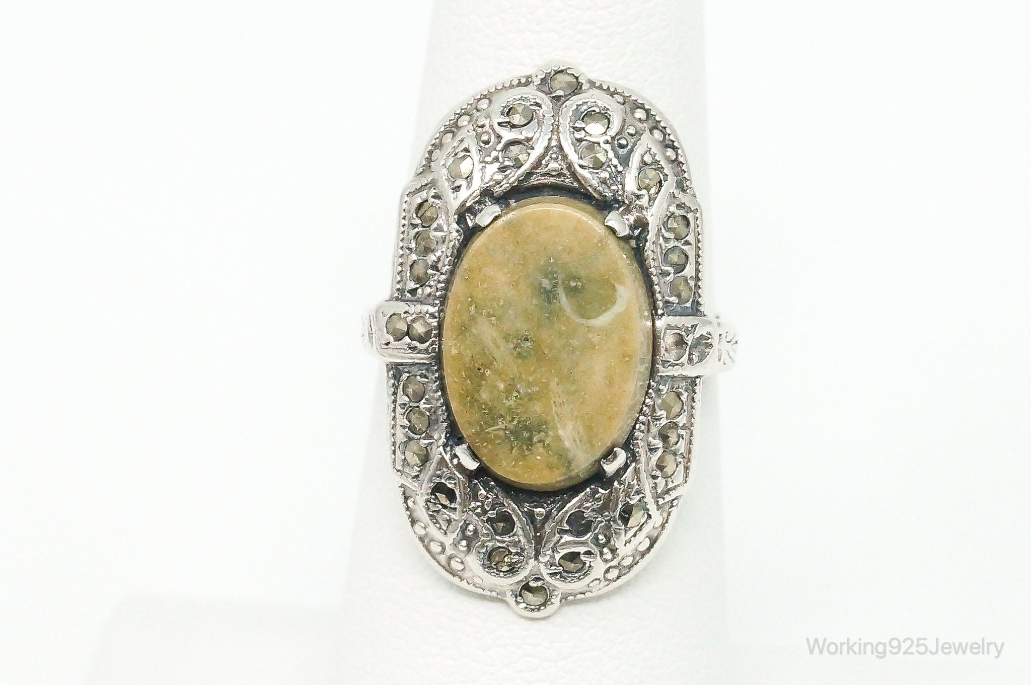 Antique Green Gemstone Marcasite Sterling Silver Ring - Size 6