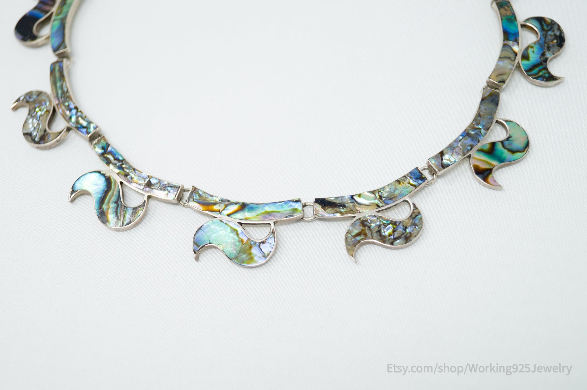 Vintage Designer JE Hecho En Mexico Abalone Shell Sterling Silver Necklace