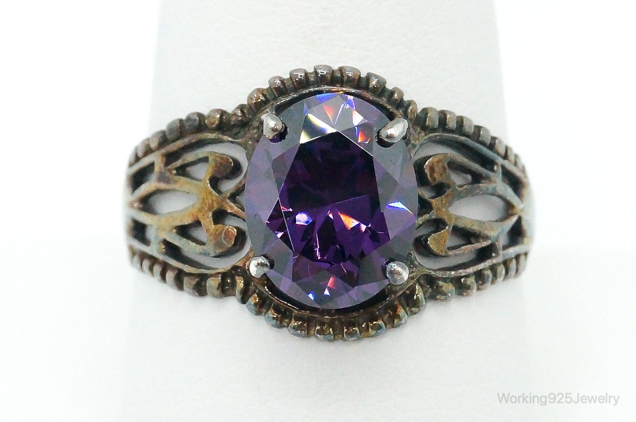 Vintage Amethyst Oxidized Sterling Silver Ring - Size 9