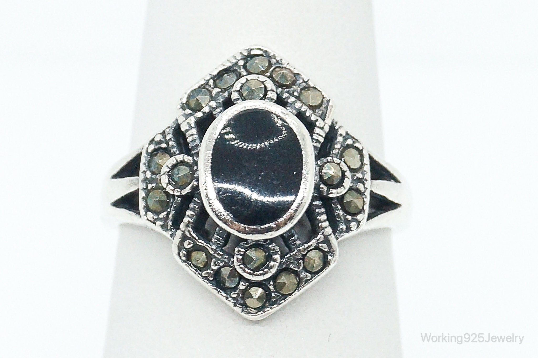 Vintage Art Deco Marcasite Black Onyx Sterling Silver Ring - SZ 5.25