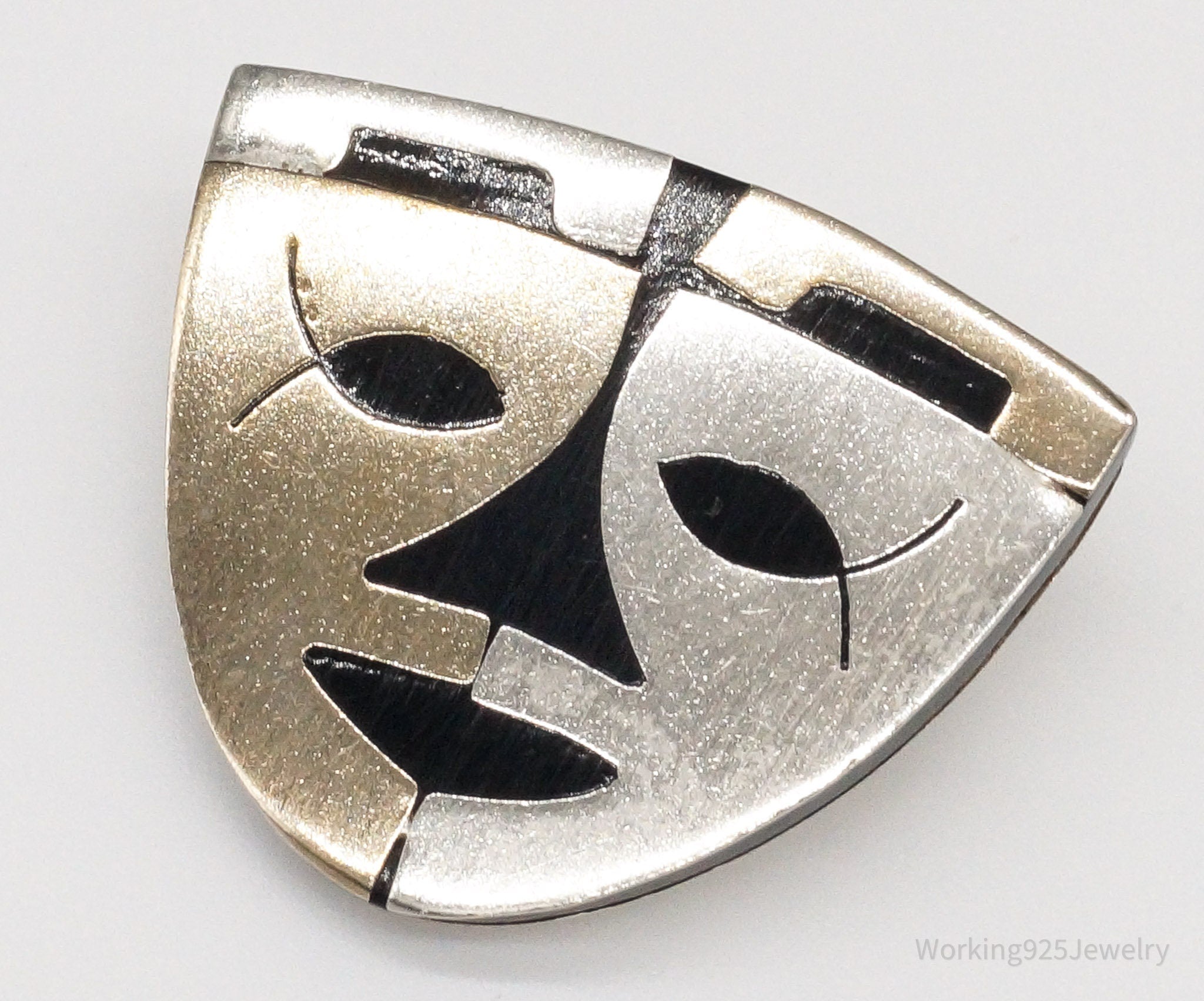 Large Vintage Mexico Warrior Tribal Mask Sterling Silver Two Tone Brooch Pin