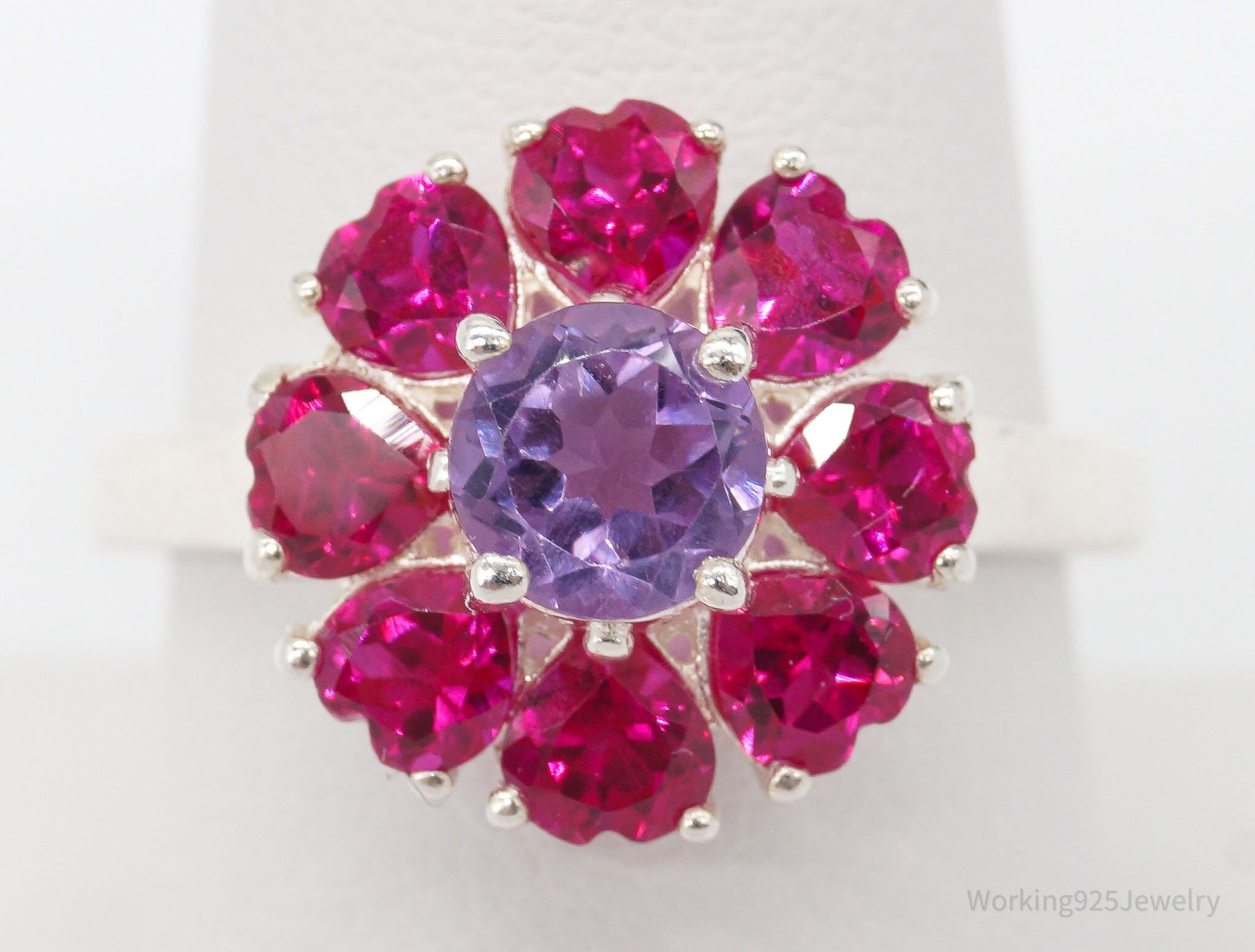 Vintage Amethyst Ruby Hearts Flower Sterling Silver Ring Size 8.75