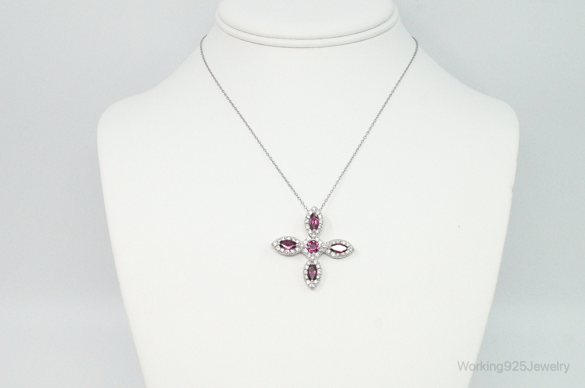 Large Rhodolite Garnet Cubic Zirconia Sterling Silver Necklace