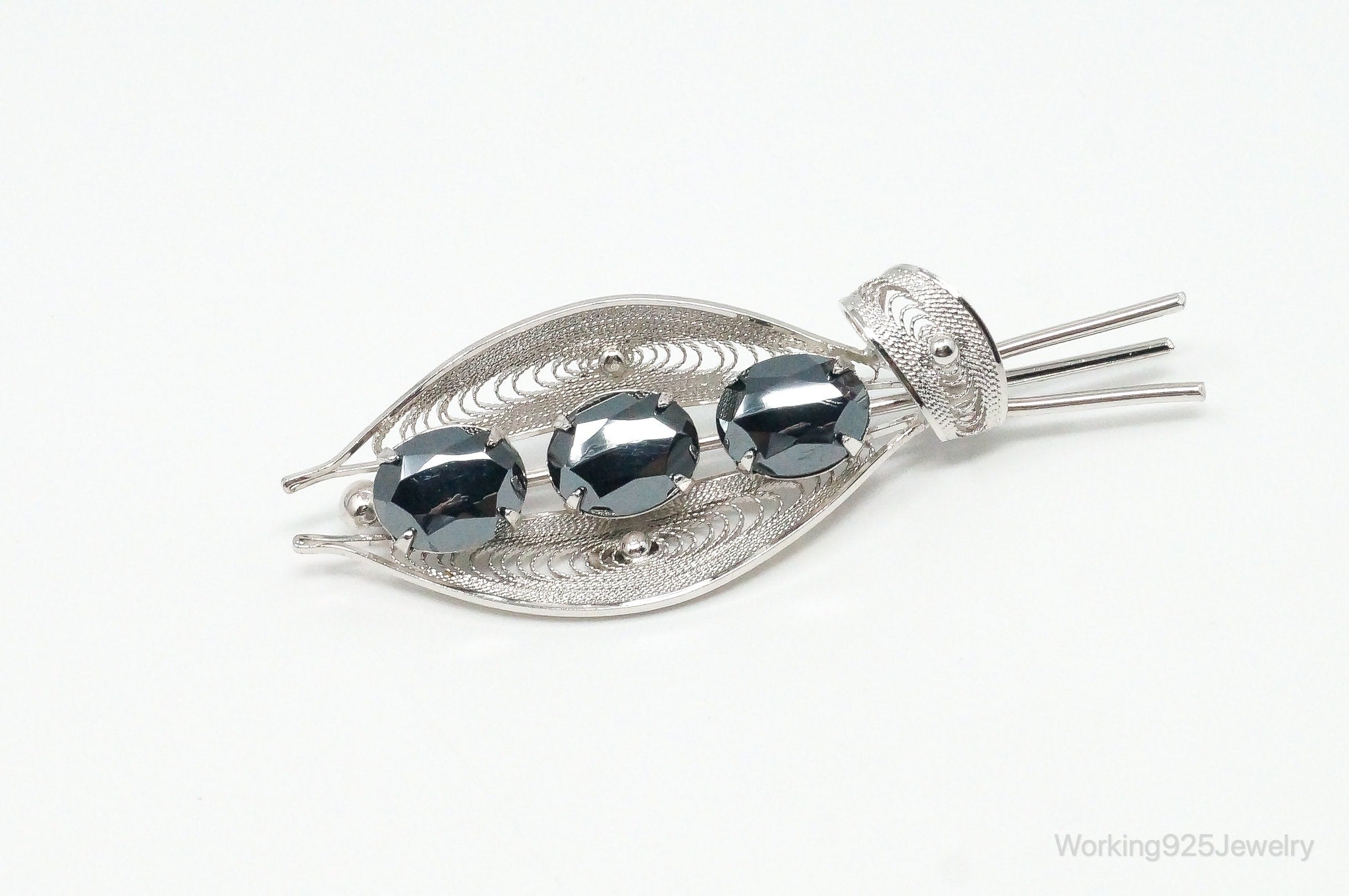 Vintage Designer Sorrento Hematite Filigree Sterling Silver Brooch Pin