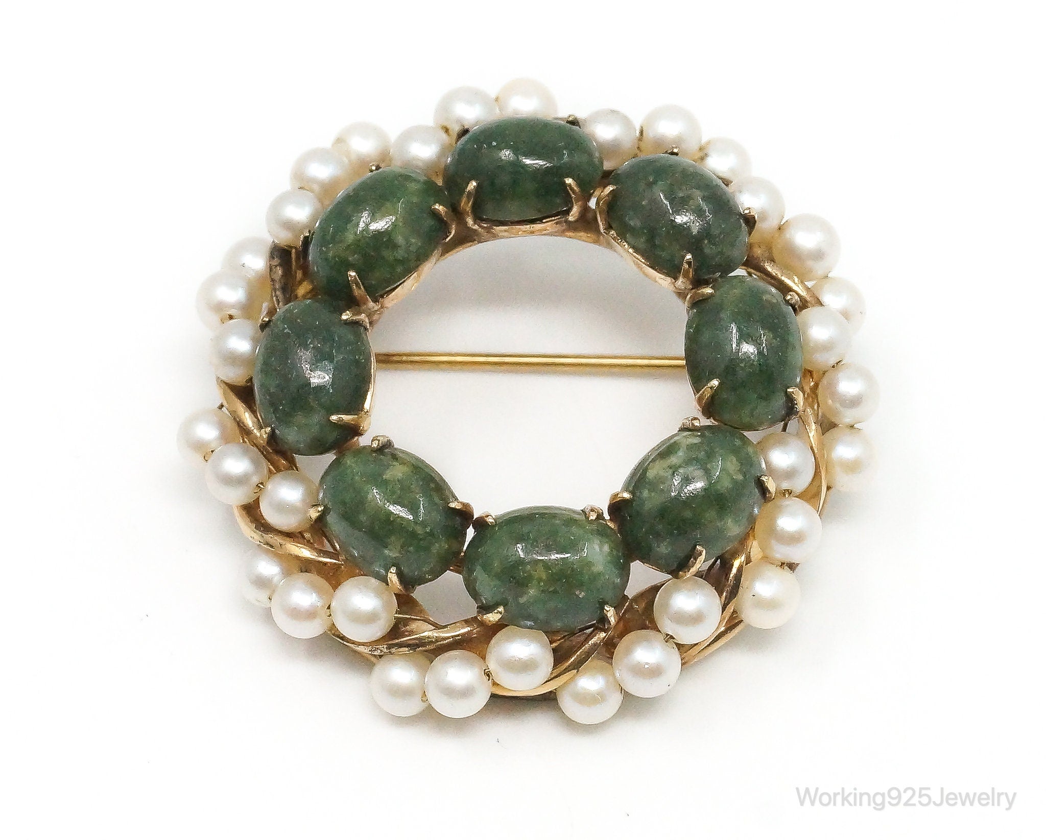 Antique Designer A & Z Gold Filled Jade Faux Pearl Sterling Silver Brooch Pin