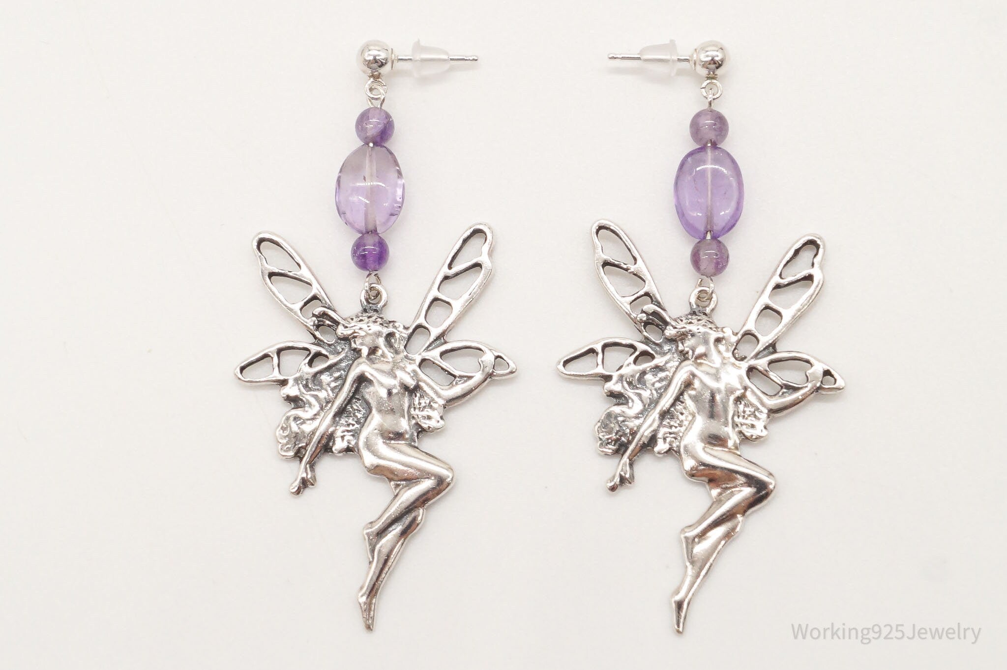 Vintage Designer Boma Amethyst Beads Sterling Silver Fairies Earrings