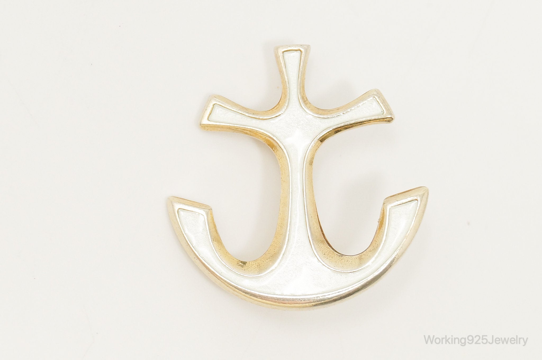 VTG David Andersen White Enamel Gold Vermeil Sterling Silver Anchor Brooch Pin