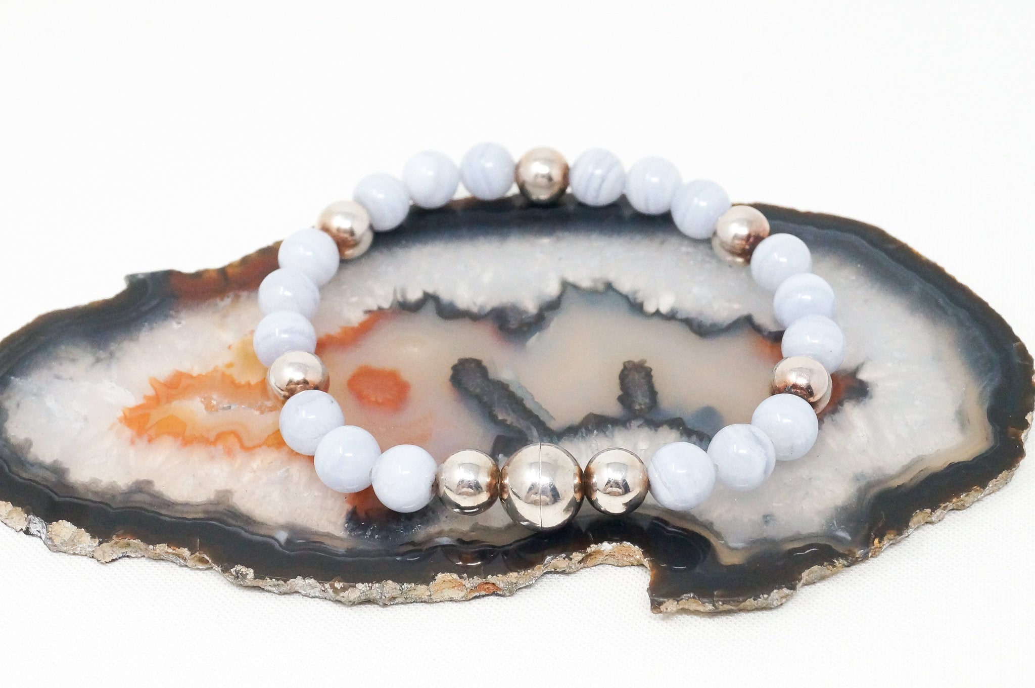 Vintage Italian Designer MILOR Blue Lace Agate Magnetic Sterling Silver Bracelet