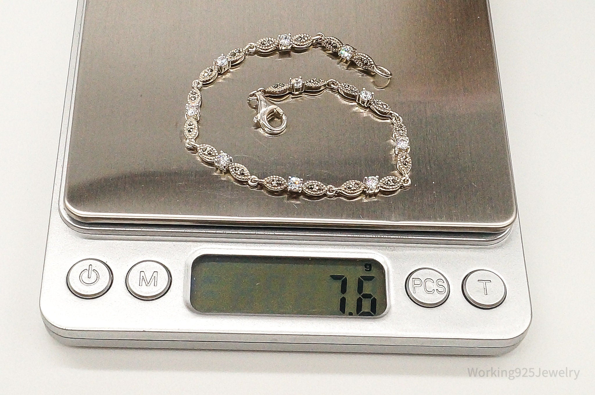 Designer Cubic Zirconia Marcasite Sterling Silver Bracelet