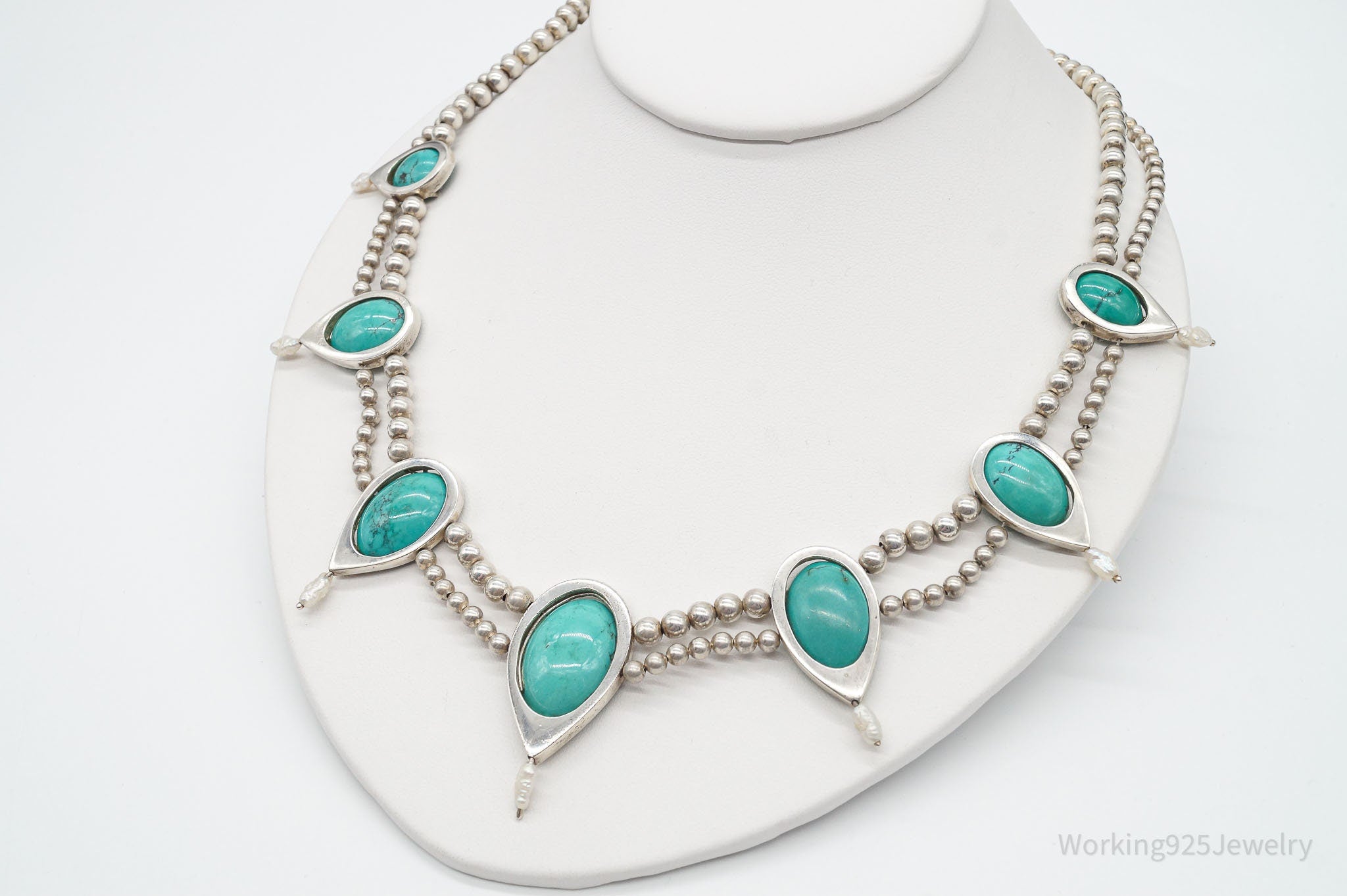 Vintage Designer Carolyn Pollack Turquoise Sterling Silver Bead Necklace