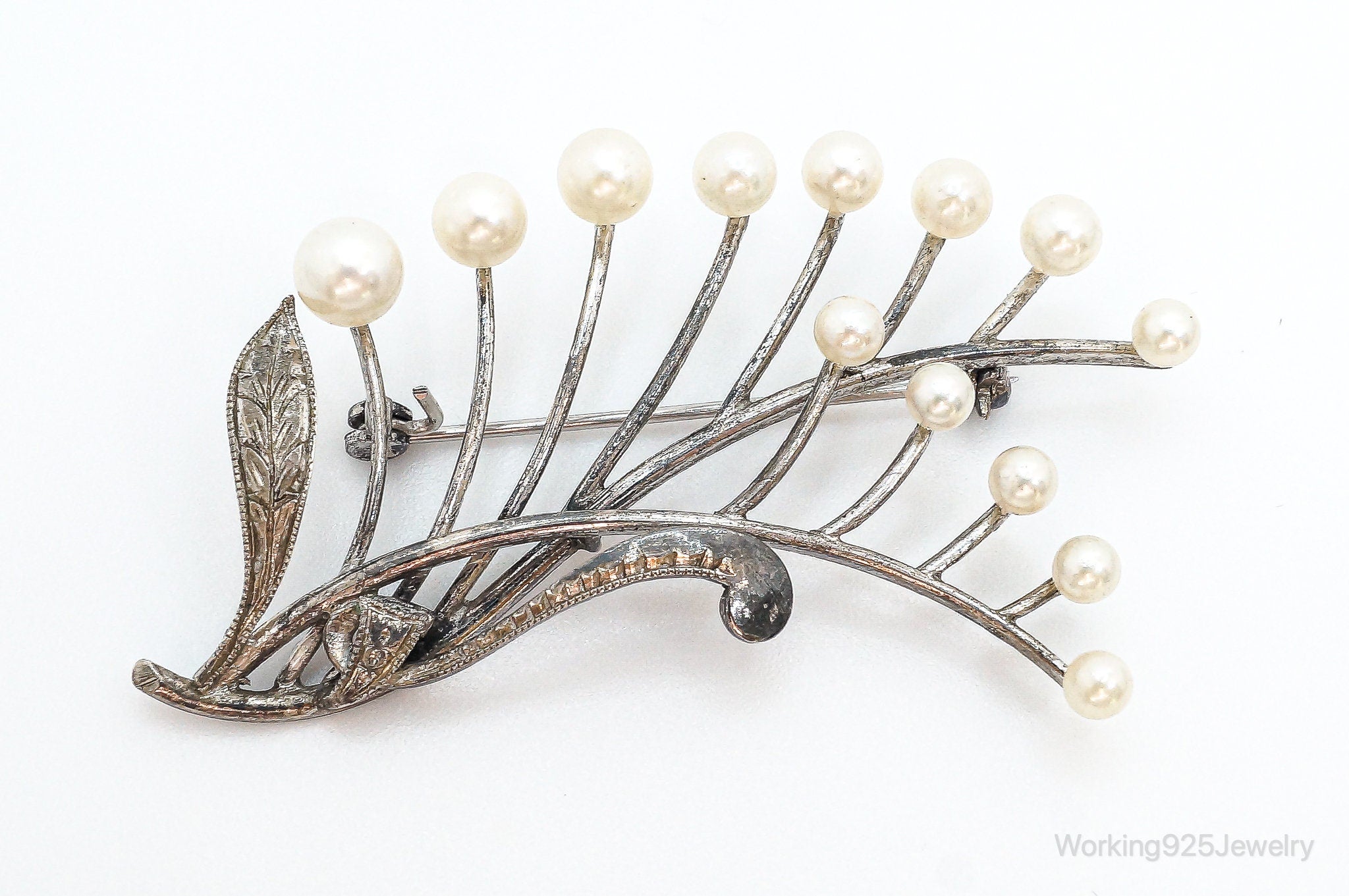 Large Antique Faux Pearl Sterling Silver Brooch Pin