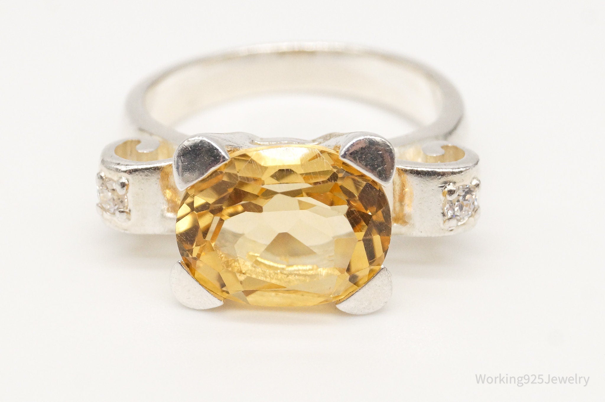 Vintage Large Citrine Cubic Zirconia Sterling Silver Ring - Size 6