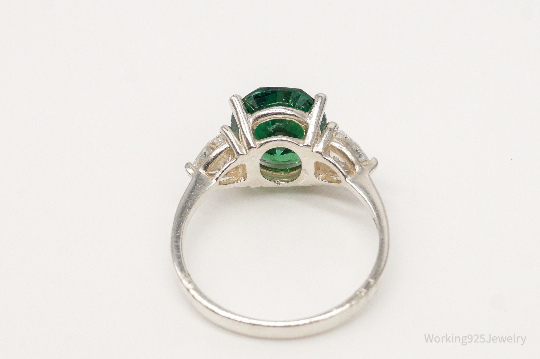 Vintage Green & White Cubic Zirconia Sterling Silver Ring - Size 7