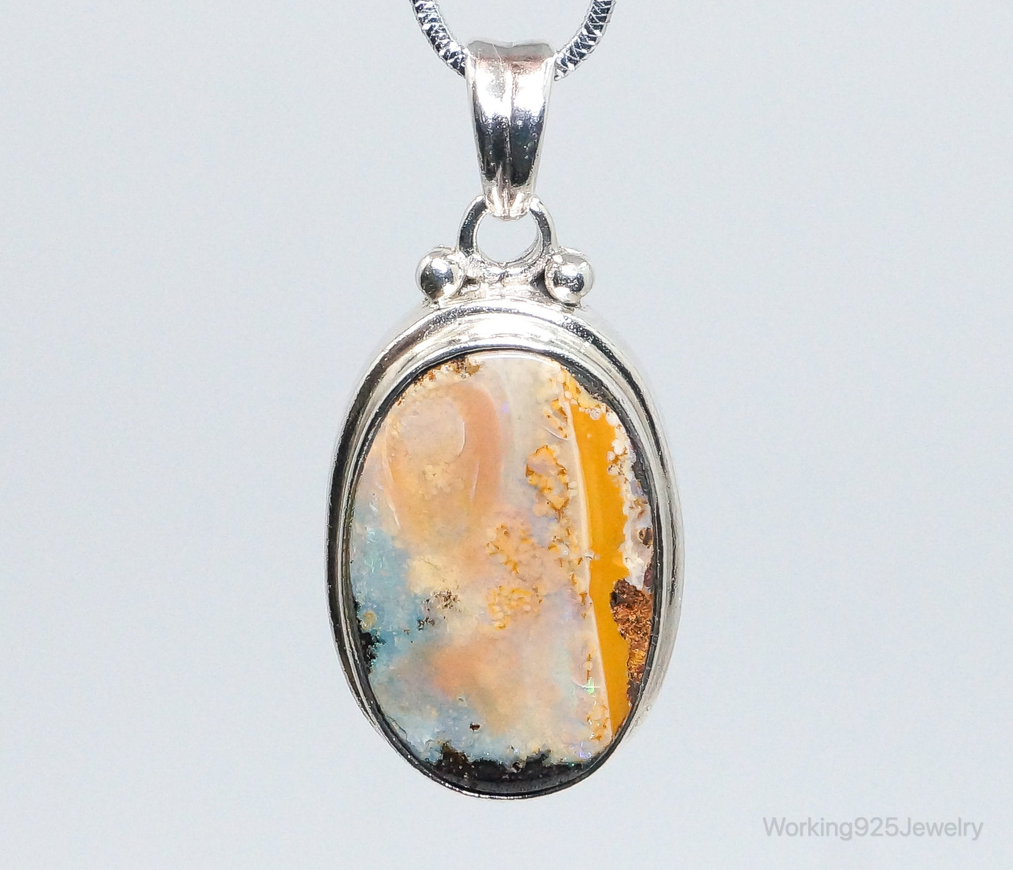 Large Vintage Opalized Agate Sterling Silver Necklace Pendant