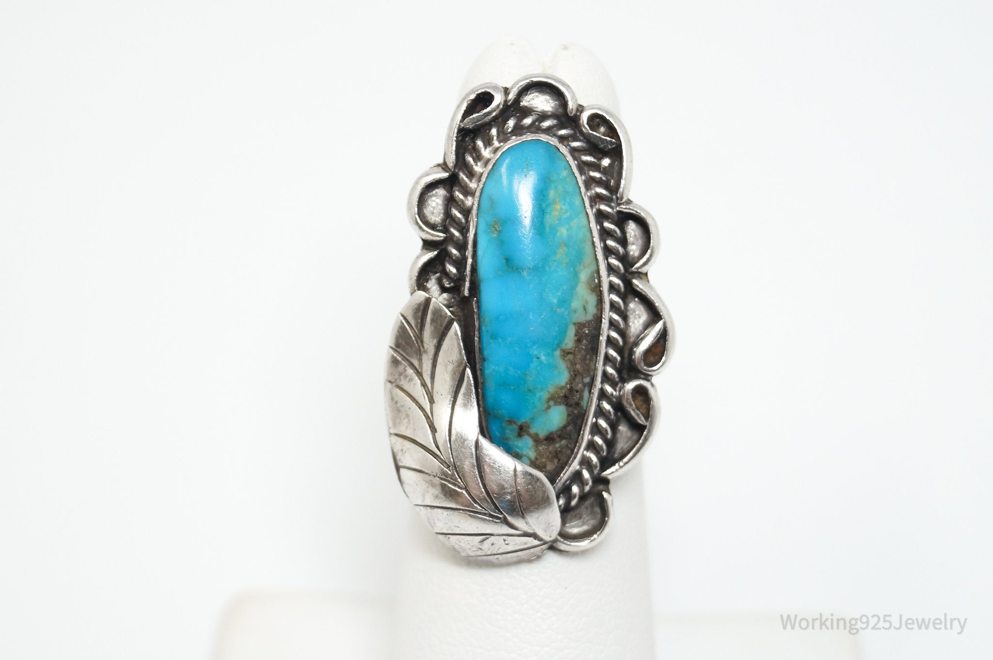 Long Vtg Native American Turquoise Unsigned Sterling Silver Ring - Sz 4.75