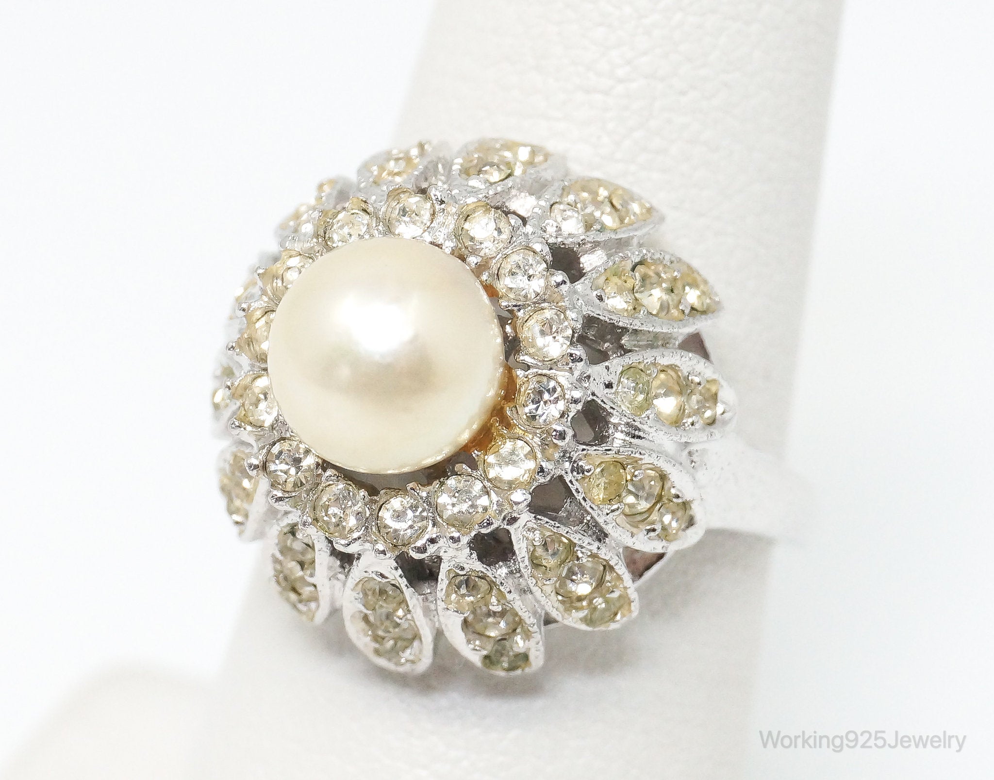 Vintage Designer ESPO Faux Pearl Rhinestone Sterling Silver Ring - SZ 6.75