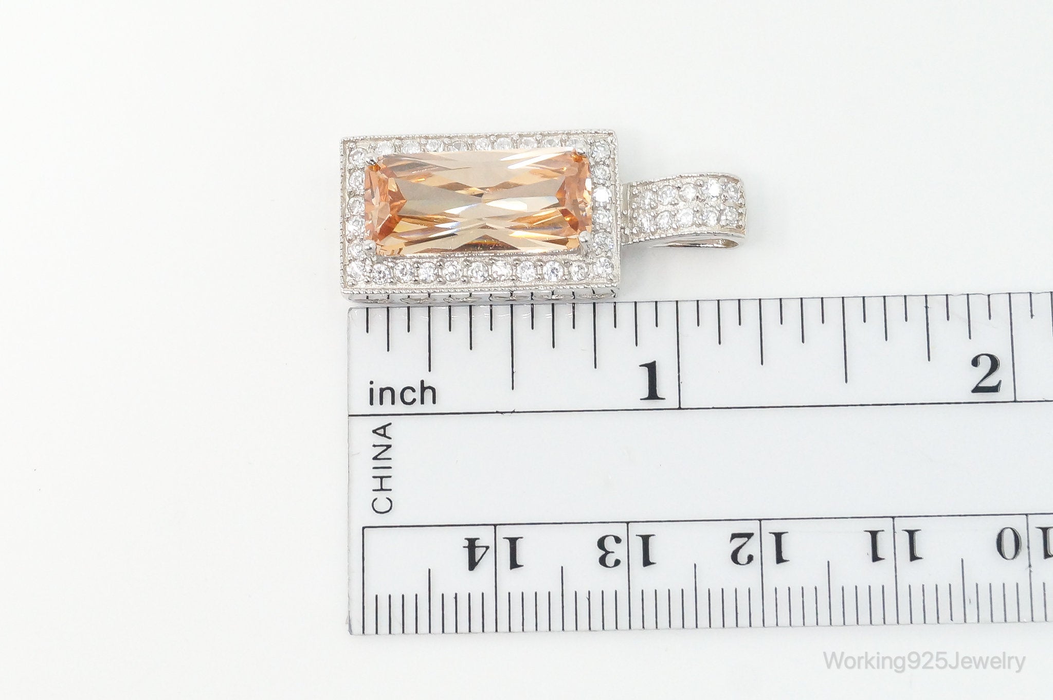 Large Vintage Art Deco Citrine Cubic Zirconia Sterling Silver Pendant