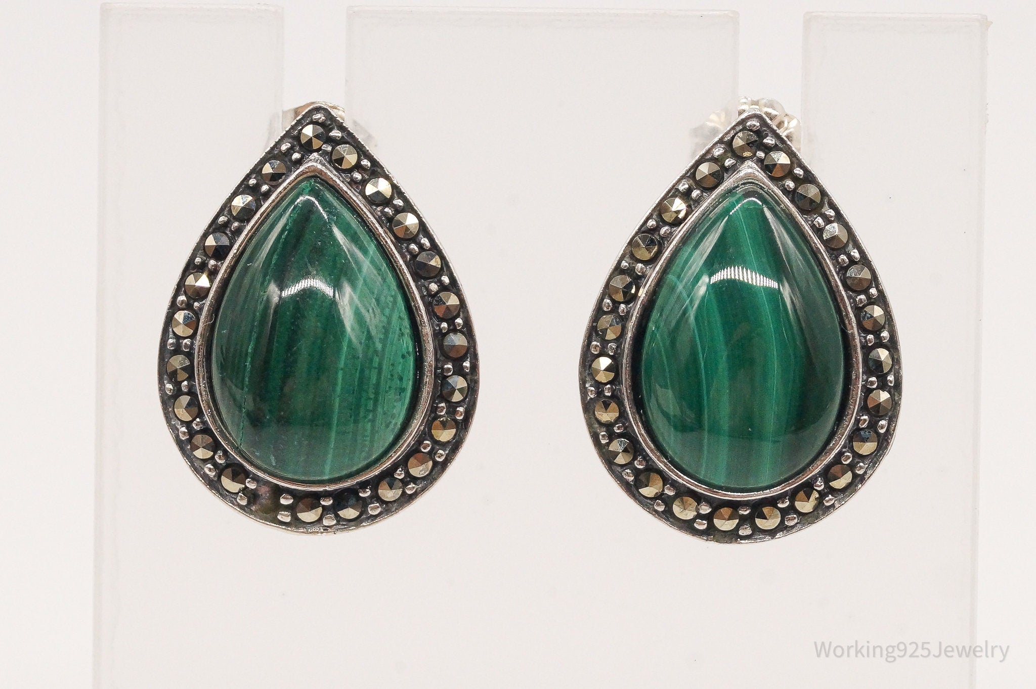 Vintage Designer FAS Malachite Marcasite Sterling Silver Earrings