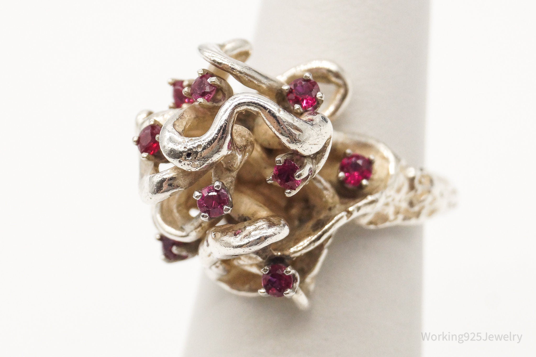 Antique Vintage Brutalist Ruby Sterling Silver Ring - Size 3.5