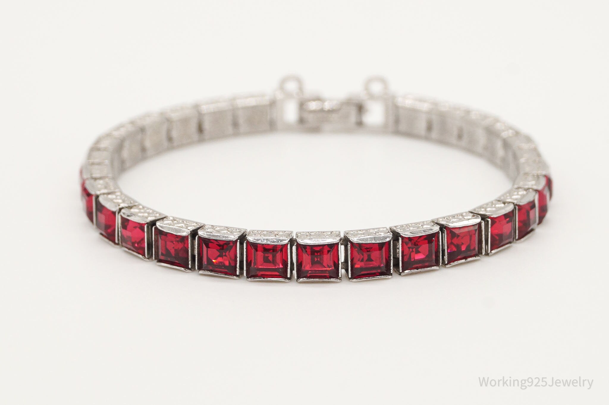 Antique Art Deco Channel Set Red Rhinestone Sterling Silver Bracelet