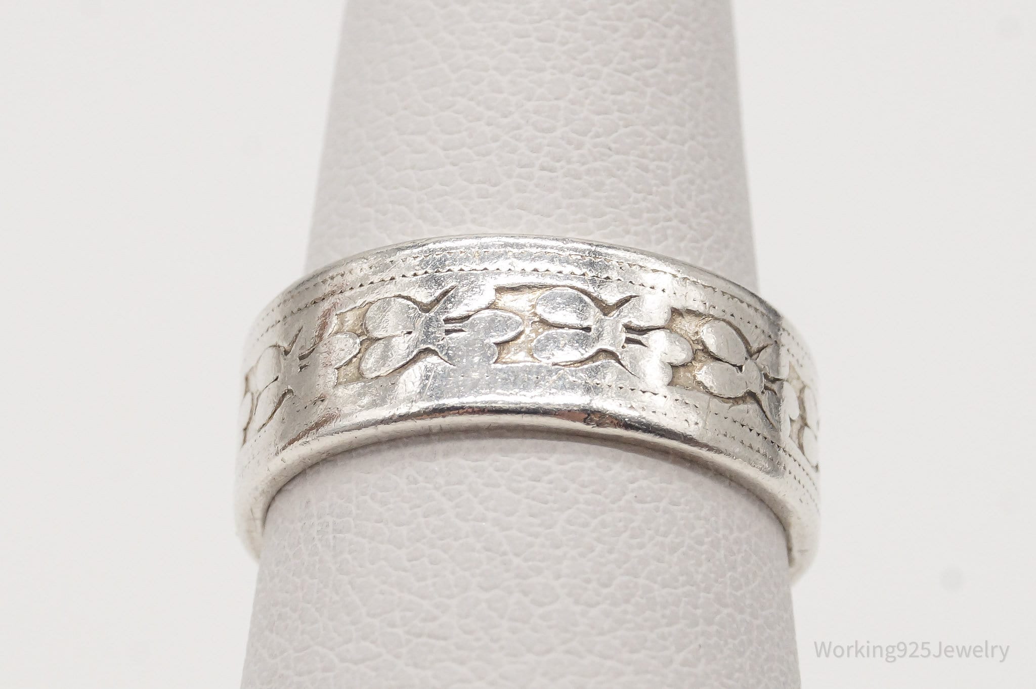 Antique Flowers Sterling Silver Band Ring - Size 5