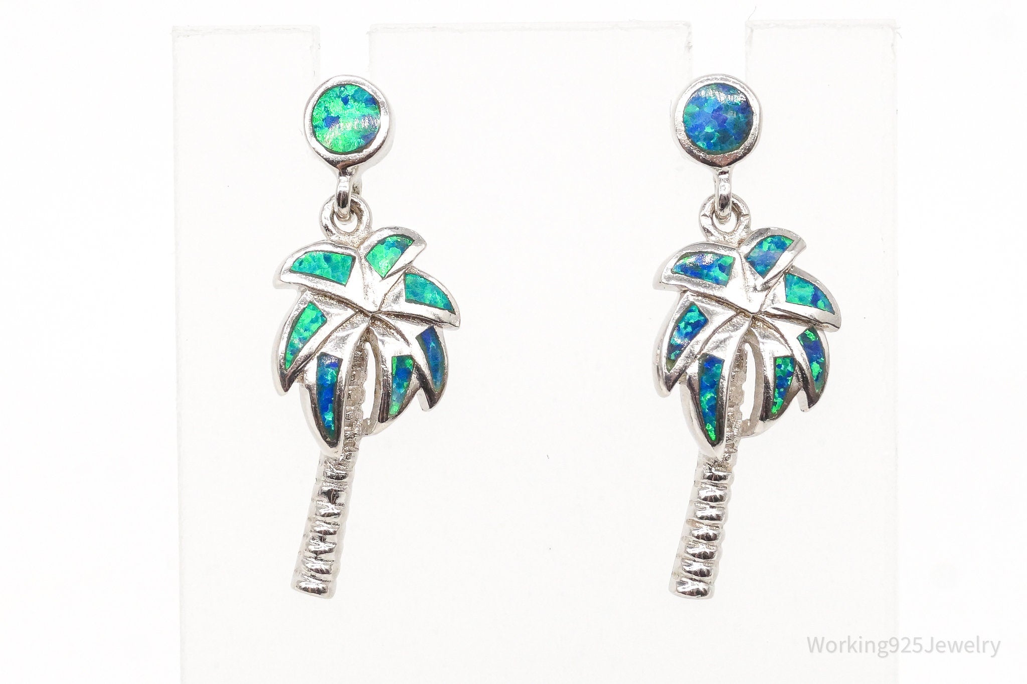 Vintage Fire Opal Inlay Palm Trees Sterling Silver Earrings