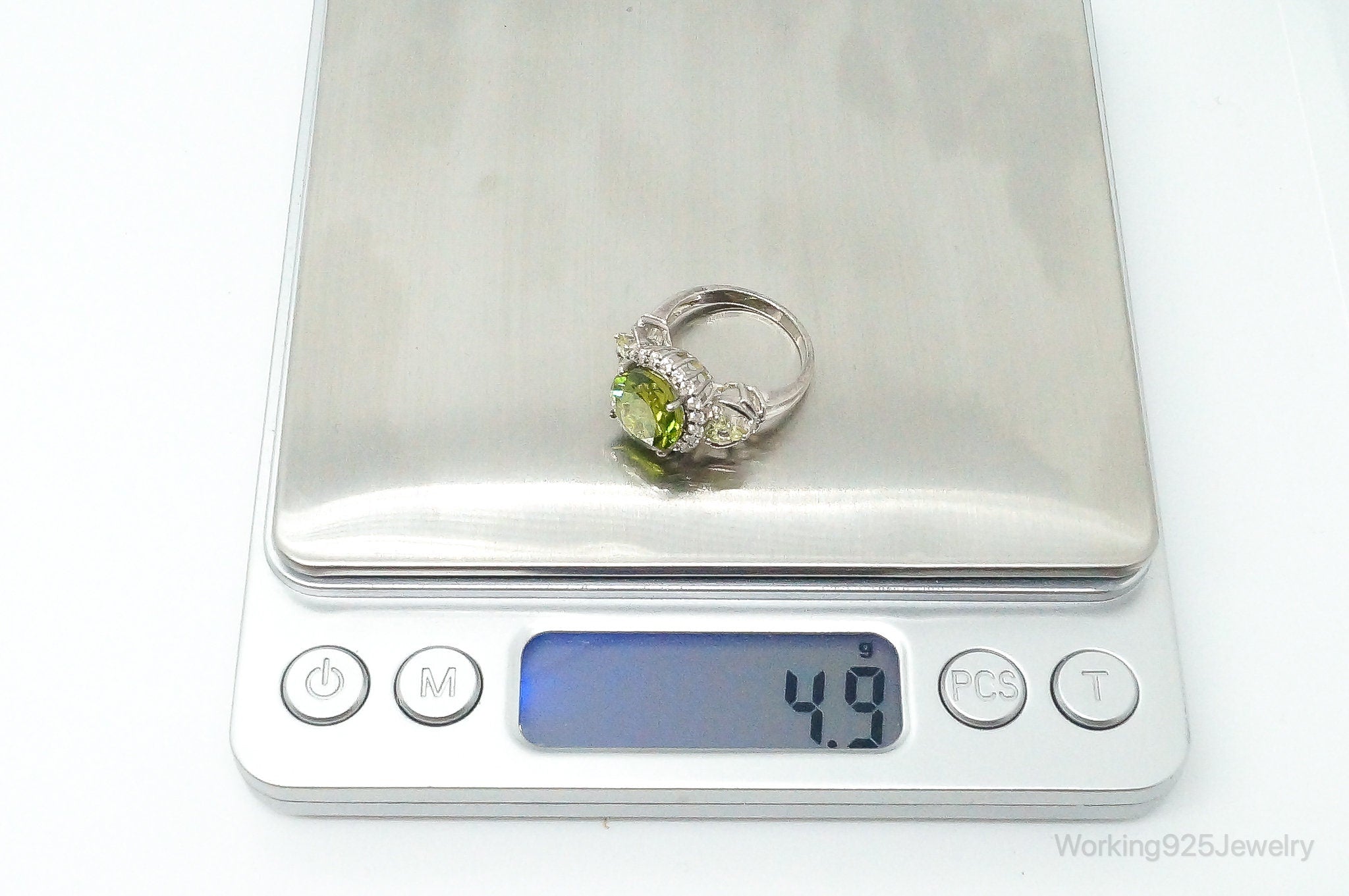 Designer KH Large Peridot Cubic Zirconia Sterling Silver Ring - Size 6