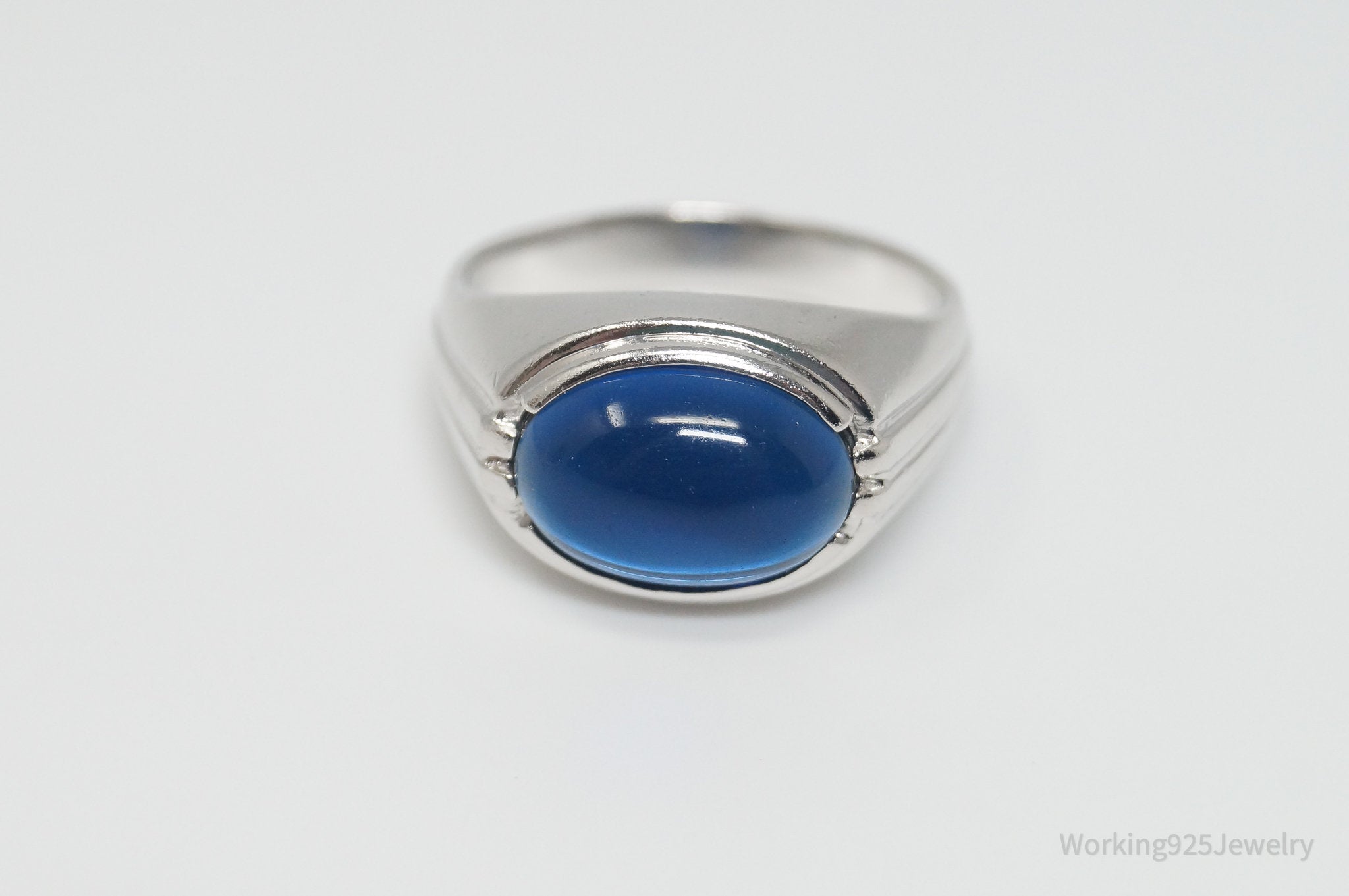 Vintage Blue Art Glass Sterling Silver Ring - Size 11